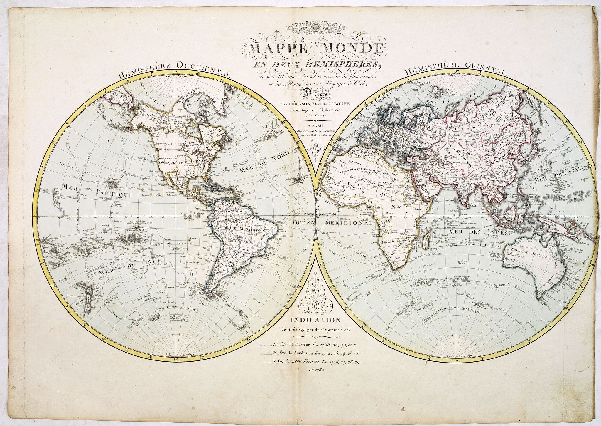 BASSET, Mappe Monde en deux Hémisphéres, ou sont marquées les Découvertes les plus récentes .., antique map, old maps