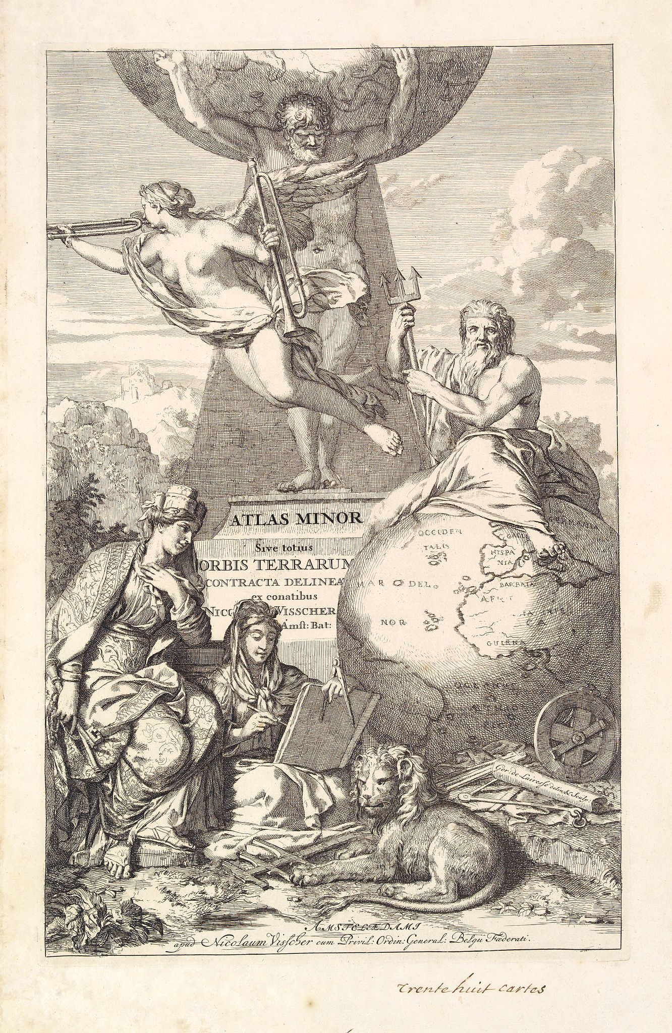 VISSCHER, N., Title page: Atlas Minor sive totius Orbis Terrarum. . ., antique map, old maps