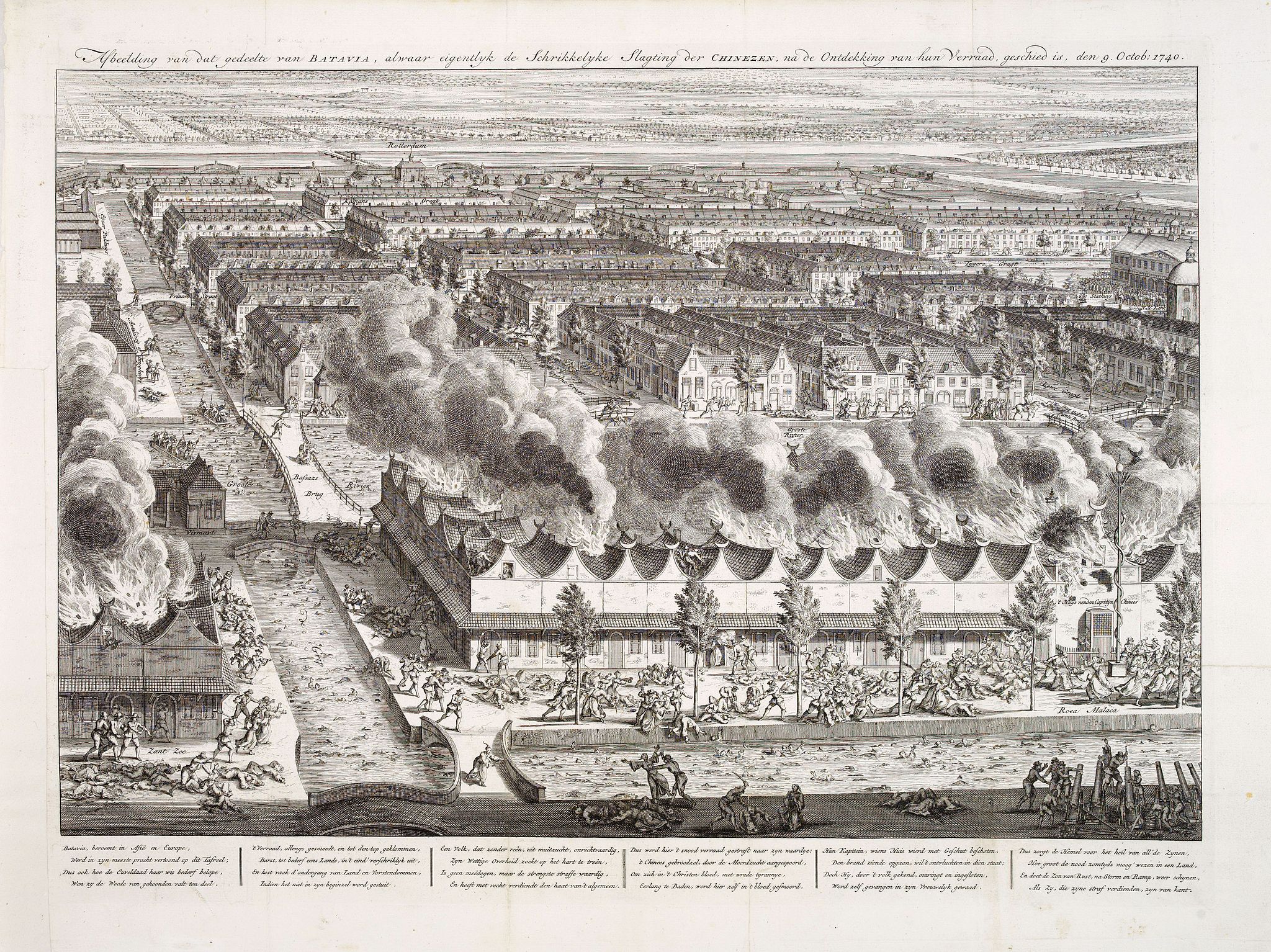 LAAN, v.d.,  Afbeelding van dat gedeelte van BATAVIA, alwaar eigentlyk de Schrikkelyke Slagting der CHINEZEN, na de Ontdekking van hun Verraad, geshied is, den 9. Octob: 1740., antique map, old maps