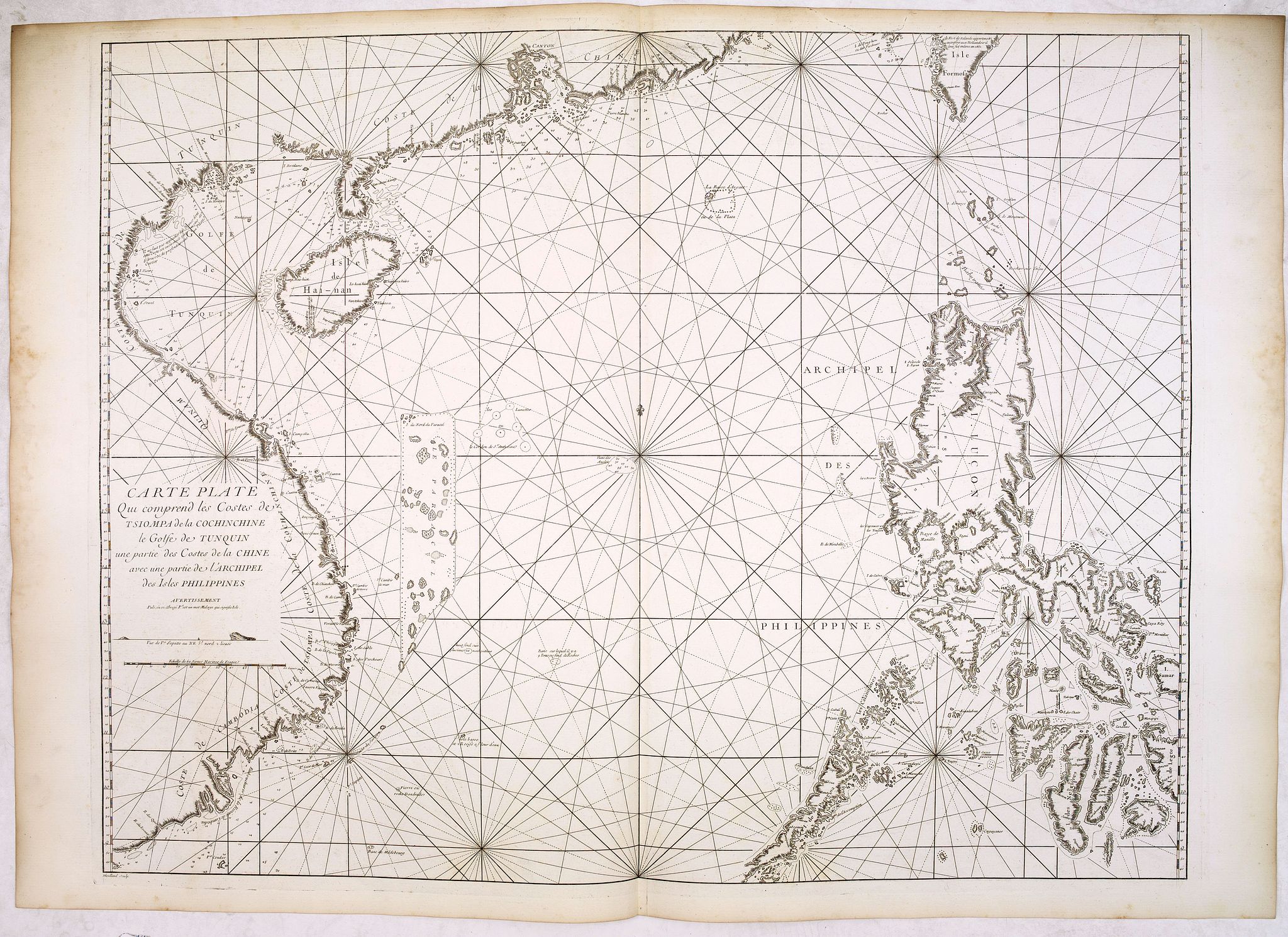 D'APRES DE MANNEVILLETTE., Carte plate qui comprend les Costes de Tsiompa, de la Cochinchine, le golfe de Tunquin, une partie des costes de la Chine avec une partie de l'Archipel des Isles Philippines. . ., antique map, old maps