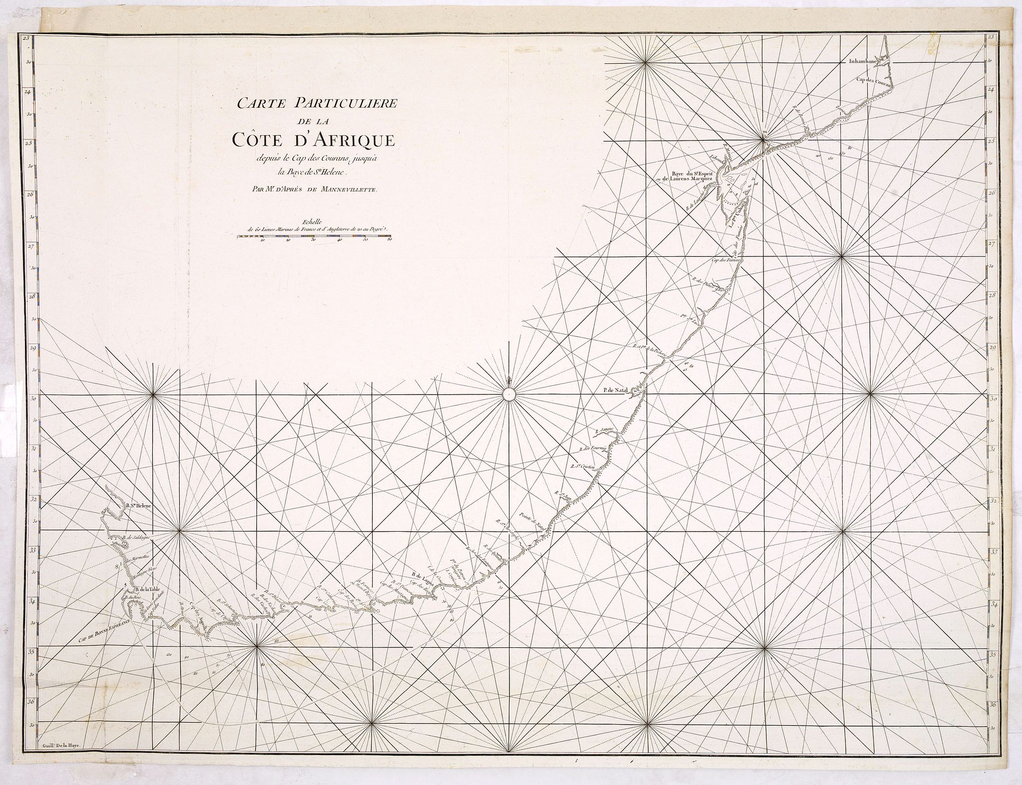 D'APRES DE MANNEVILLETTE., Carte particulière de la côte d'Afrique depuis le cap des Courans jusqu'à la baye de Ste Hélène. . ., antique map, old maps