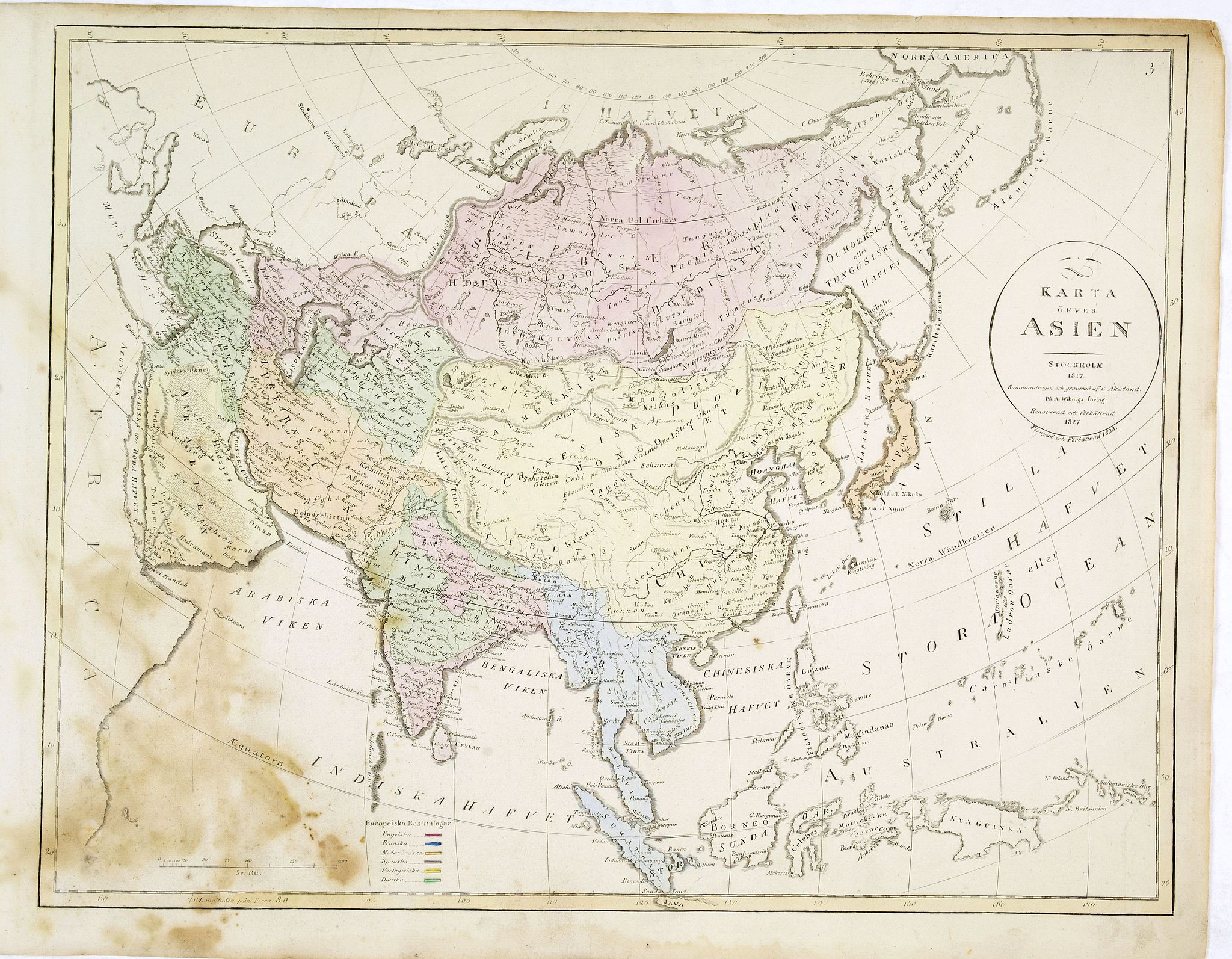 ÅKERLAND, E, Karta öfver Asien., antique map, old maps
