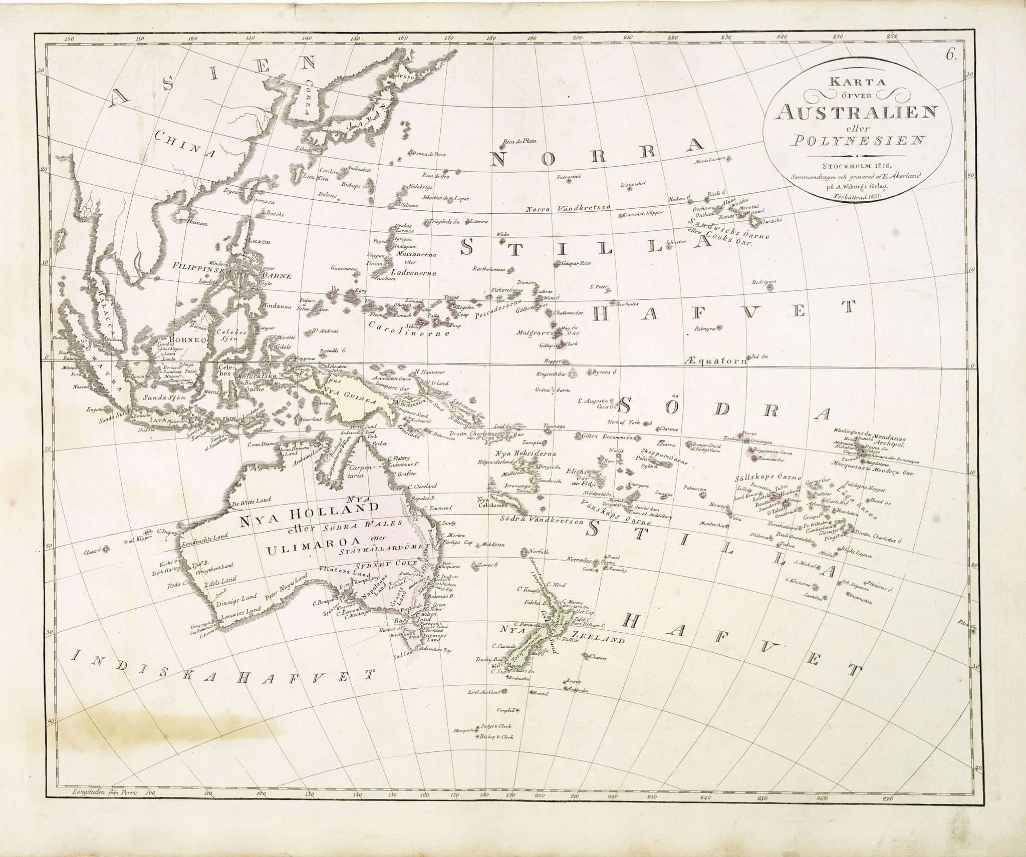 ÅKERLAND, E, Karta öfver Australien eller Polynesien., antique map, old maps