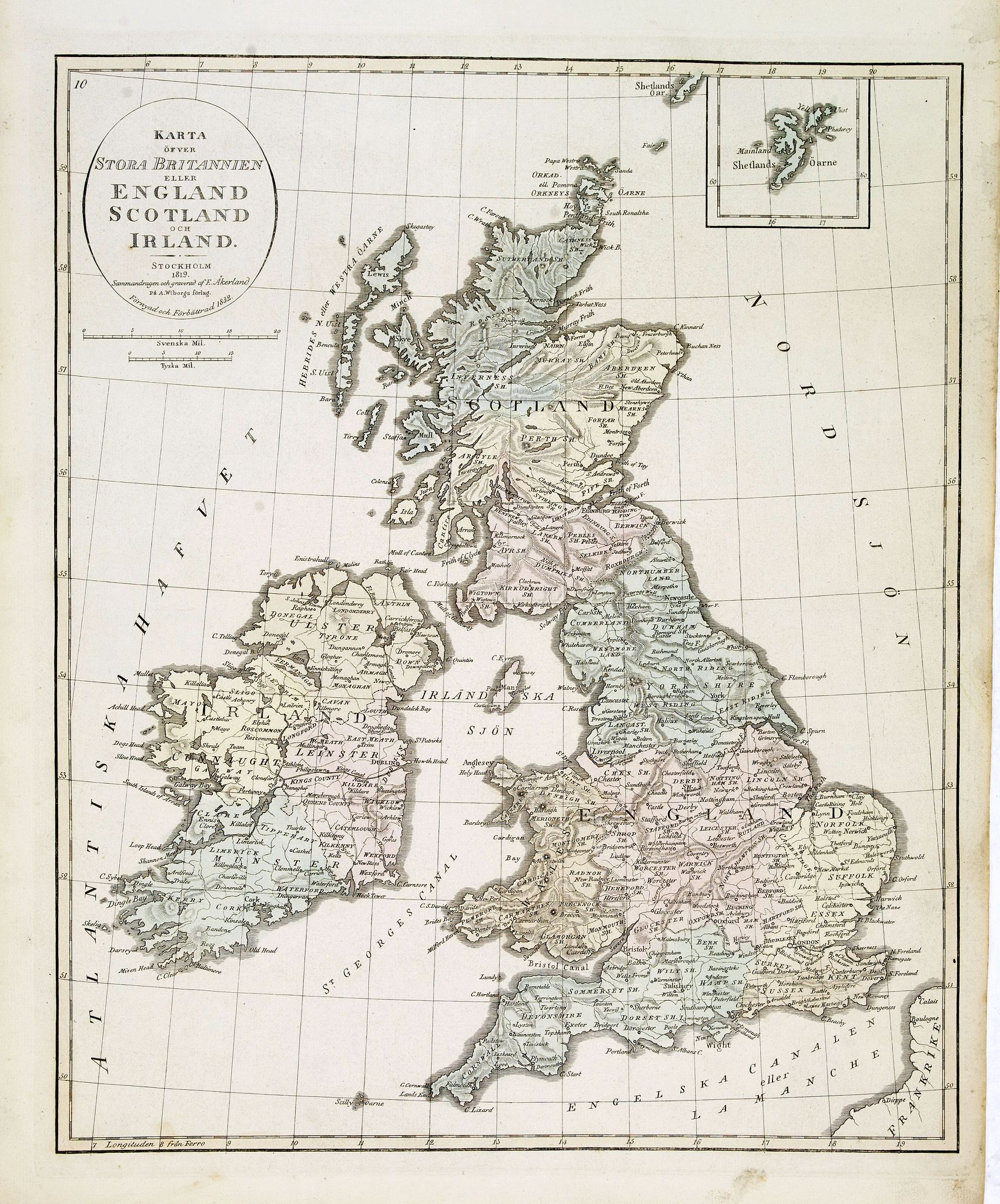 ÅKERLAND, E, Karta öfver Stora Britannien eller England, Scotland och Irland., antique map, old maps