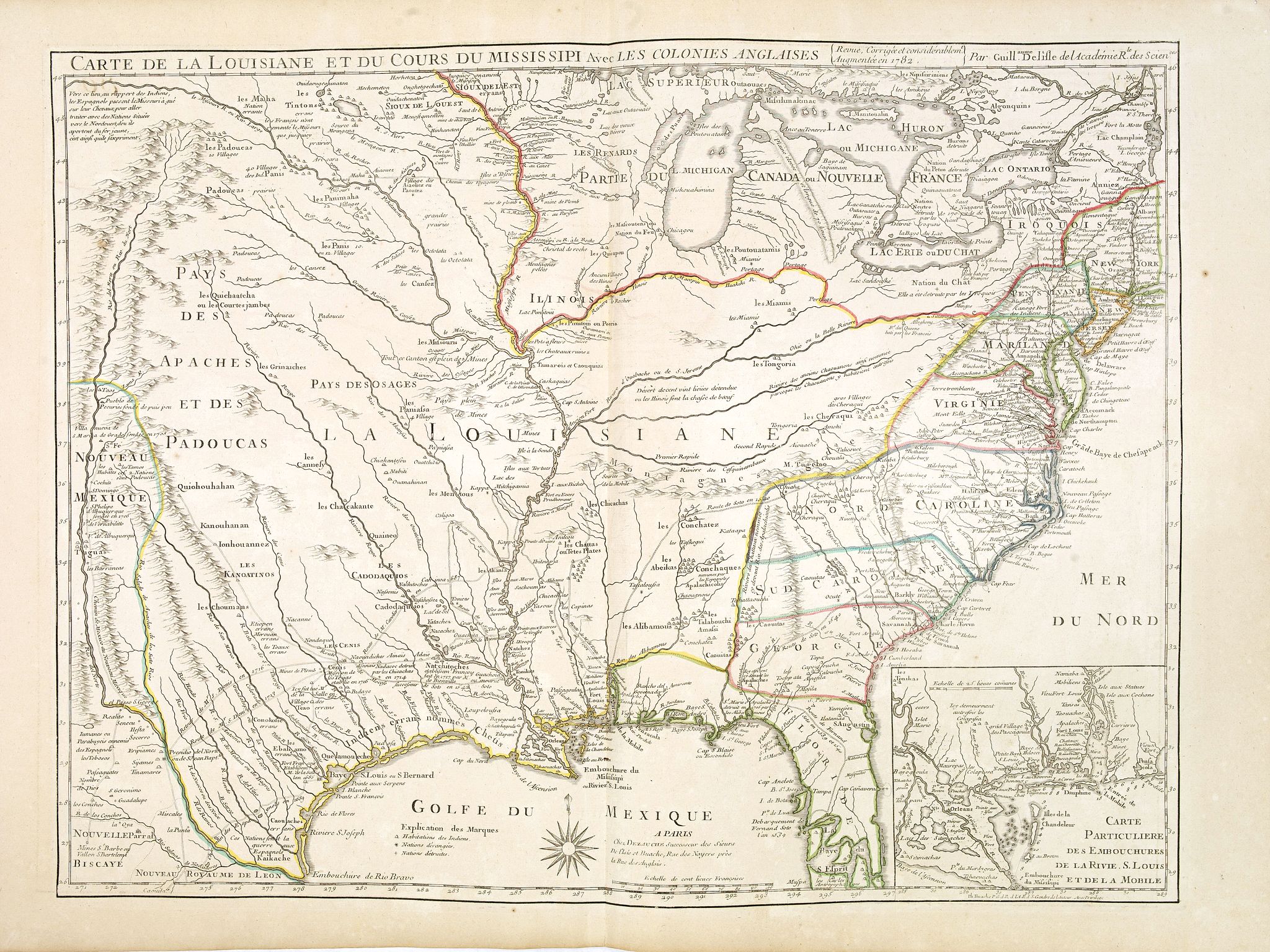 De L'ISLE / BUACHE, Ph., Carte De La Louisiane Et Du Cours Du Mississipi Avec Les Colonies Anglaises. Revue, Corrigee et considerablemt. Augmentee en 1782 . . . Par Guillaume De L'Isle. . ., antique map, old maps