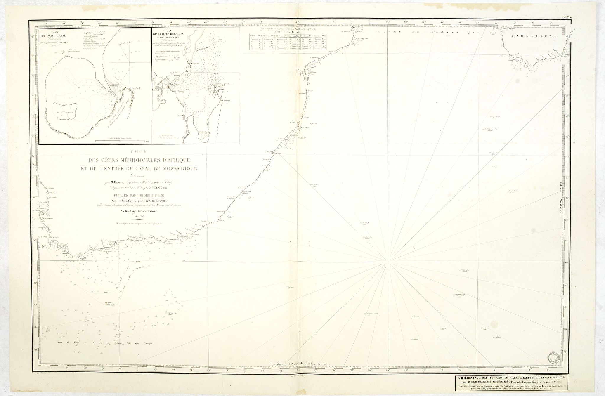 DÉPÔT GÉNÉRAL DE LA MARINE., Carte des côtes méridionales d'Afrique et de l'entrée du canal de Mozambique dressée par M.Daussy . . ., antique map, old maps