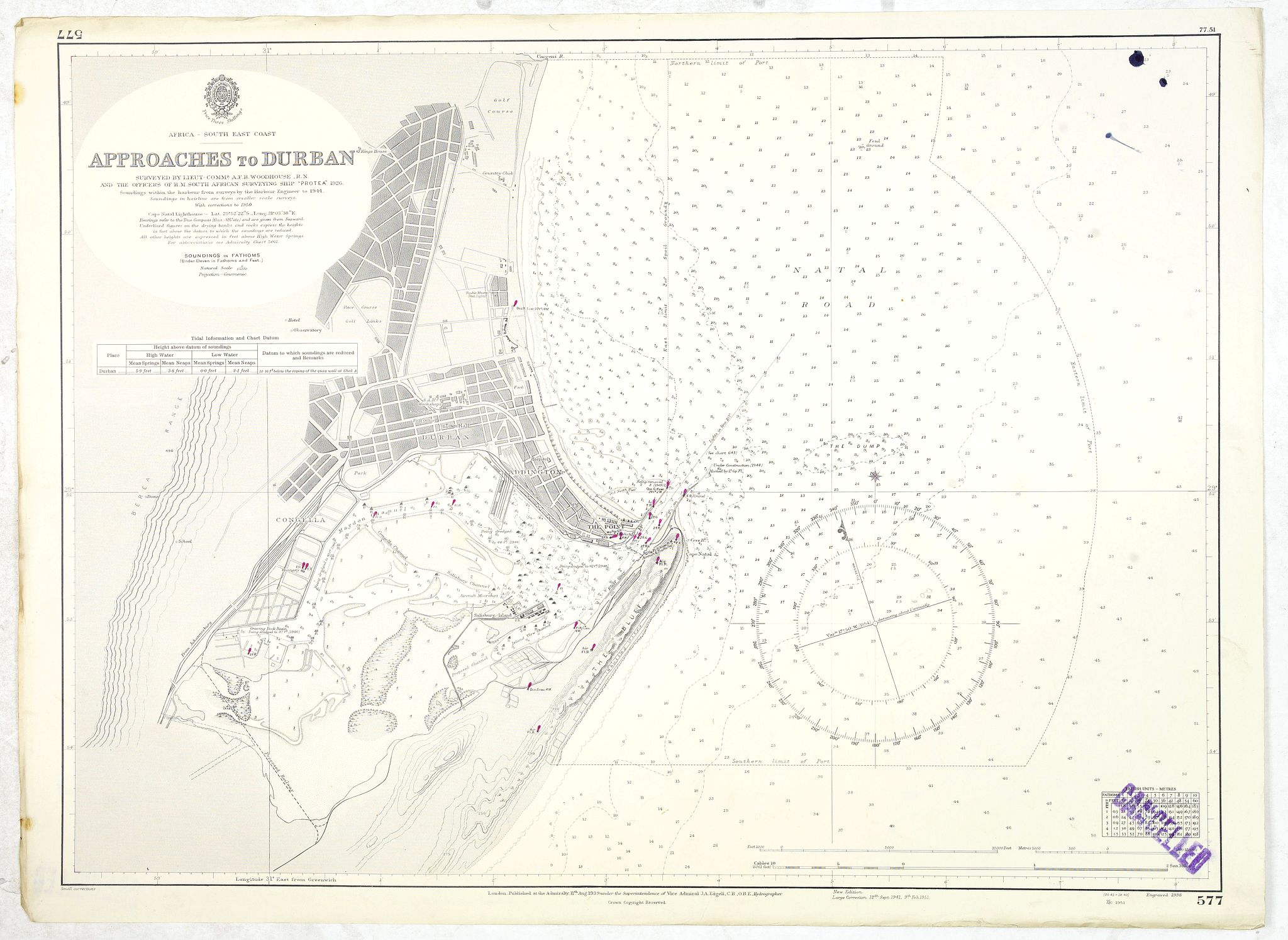 HYDROGRAPHIC OFFICE., Approaches to Durban surveyed by Lieut-commr. A.F.B.Woodhouse. . ., antique map, old maps