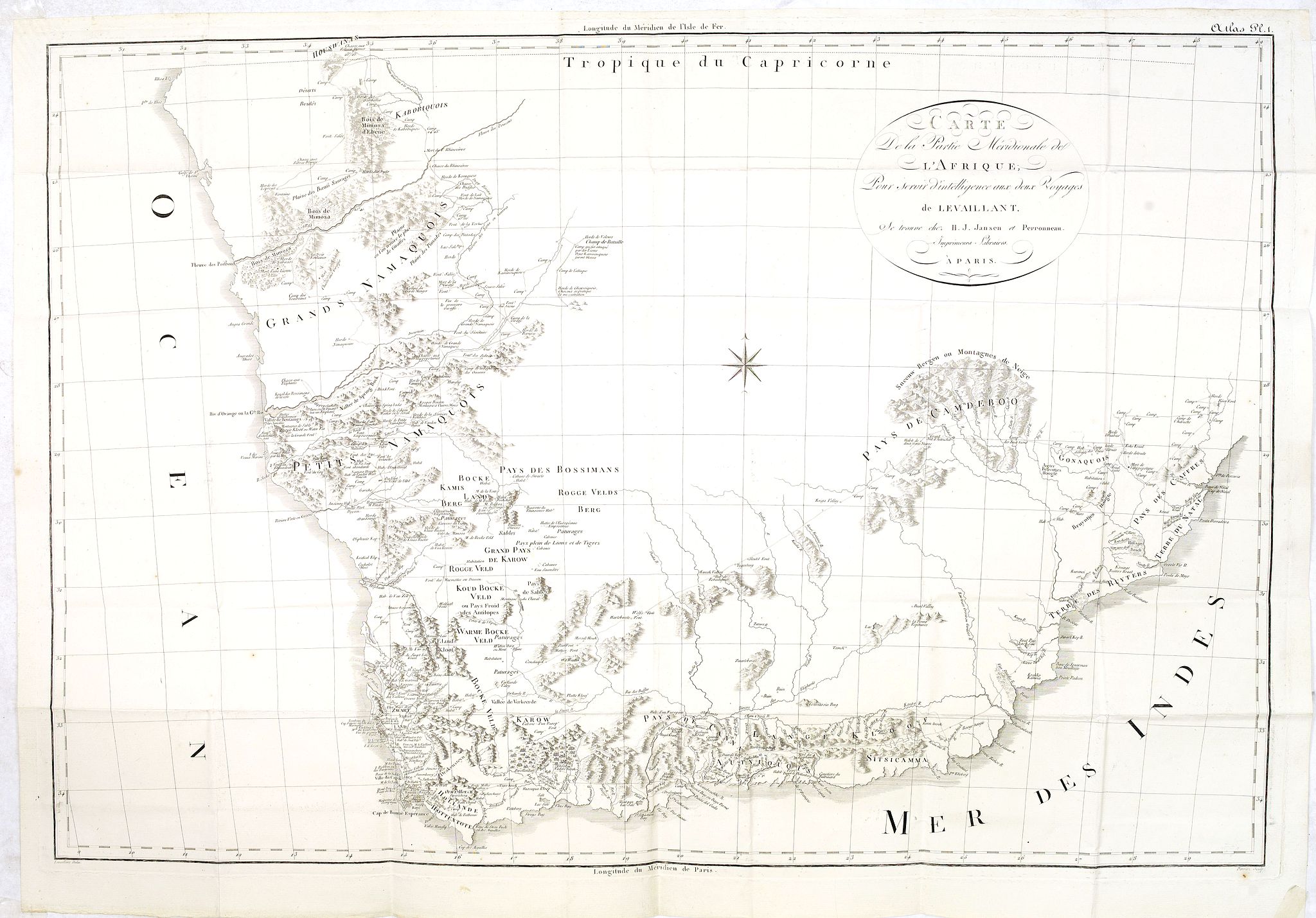 LE VAILLANT, F., Carte de la Partie Méridionale de l'Afrique, pour servir d'intelligence aux deux voyages de Le Vaillant., antique map, old maps