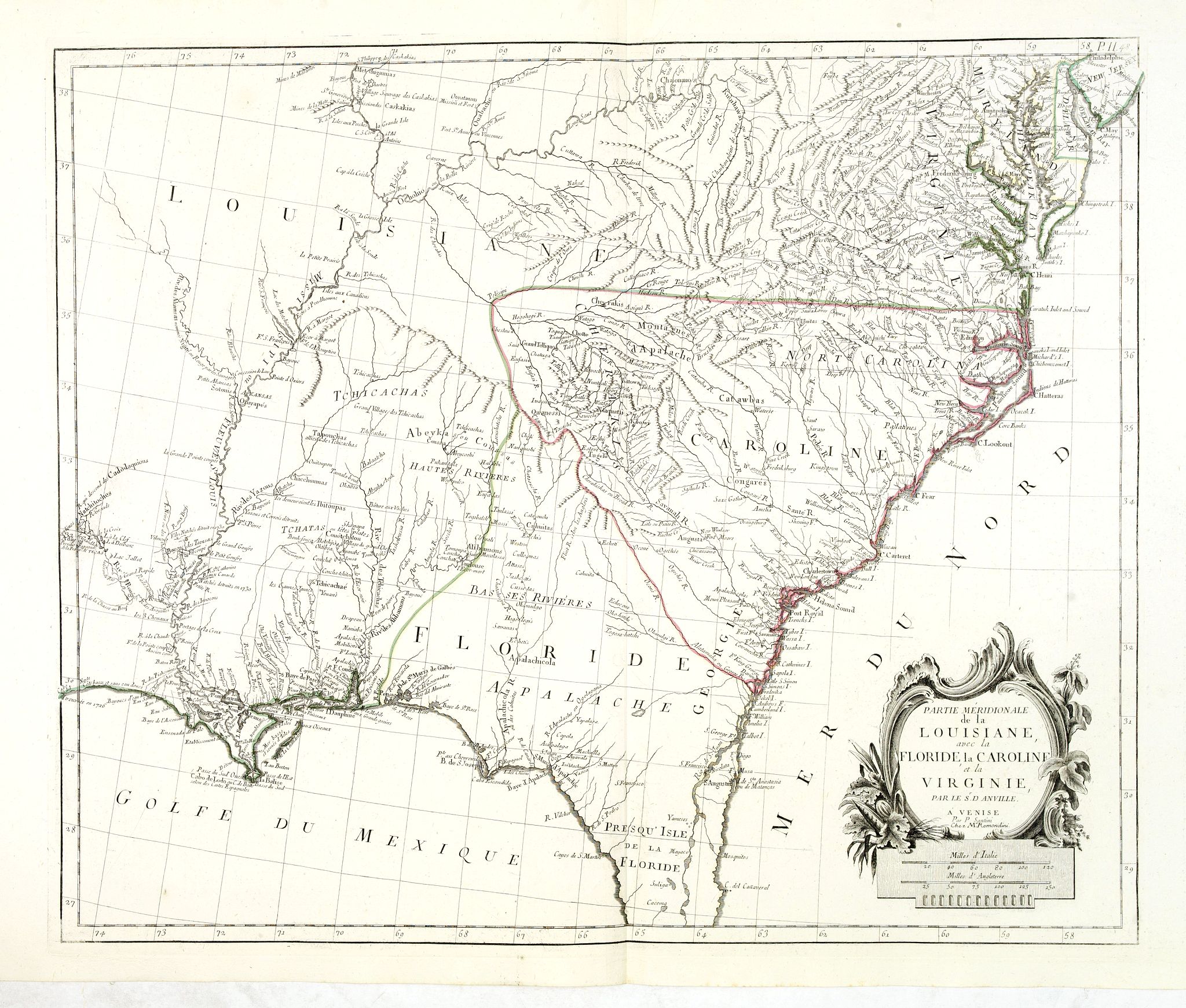 SANTINI, P. / REMONDINI, M., Partie Méridionale de la Louisiane, avec la Floride, la Caroline et la Virginie.., antique map, old maps