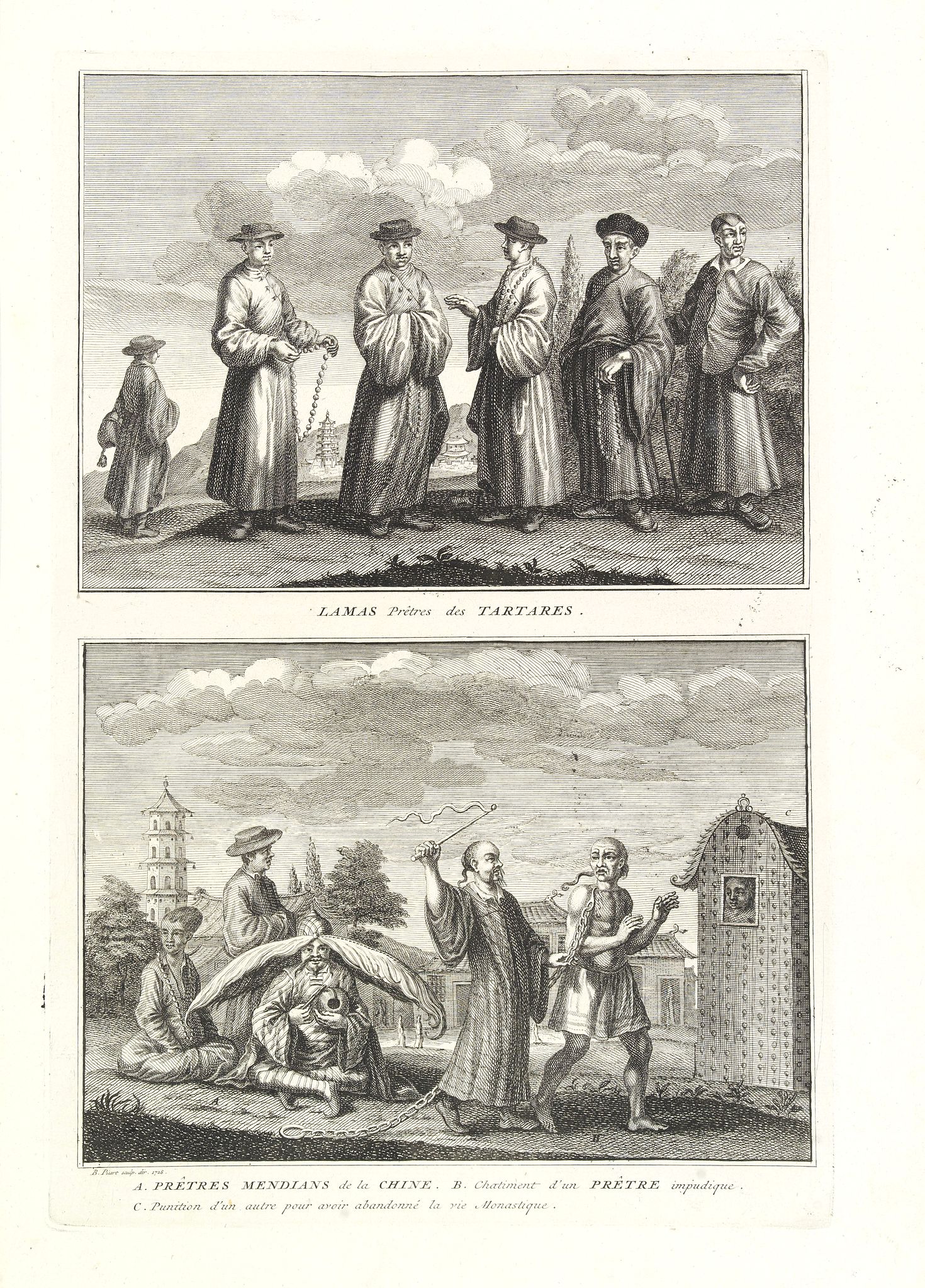 PICART, B., Religieux et gueux dévots des Chinois. Planche n° 9. Lamas, prêtres des Tartares. — Prêtres mendians des Chinois. — Châtiment et punition pour avoir . . ., antique map, old maps