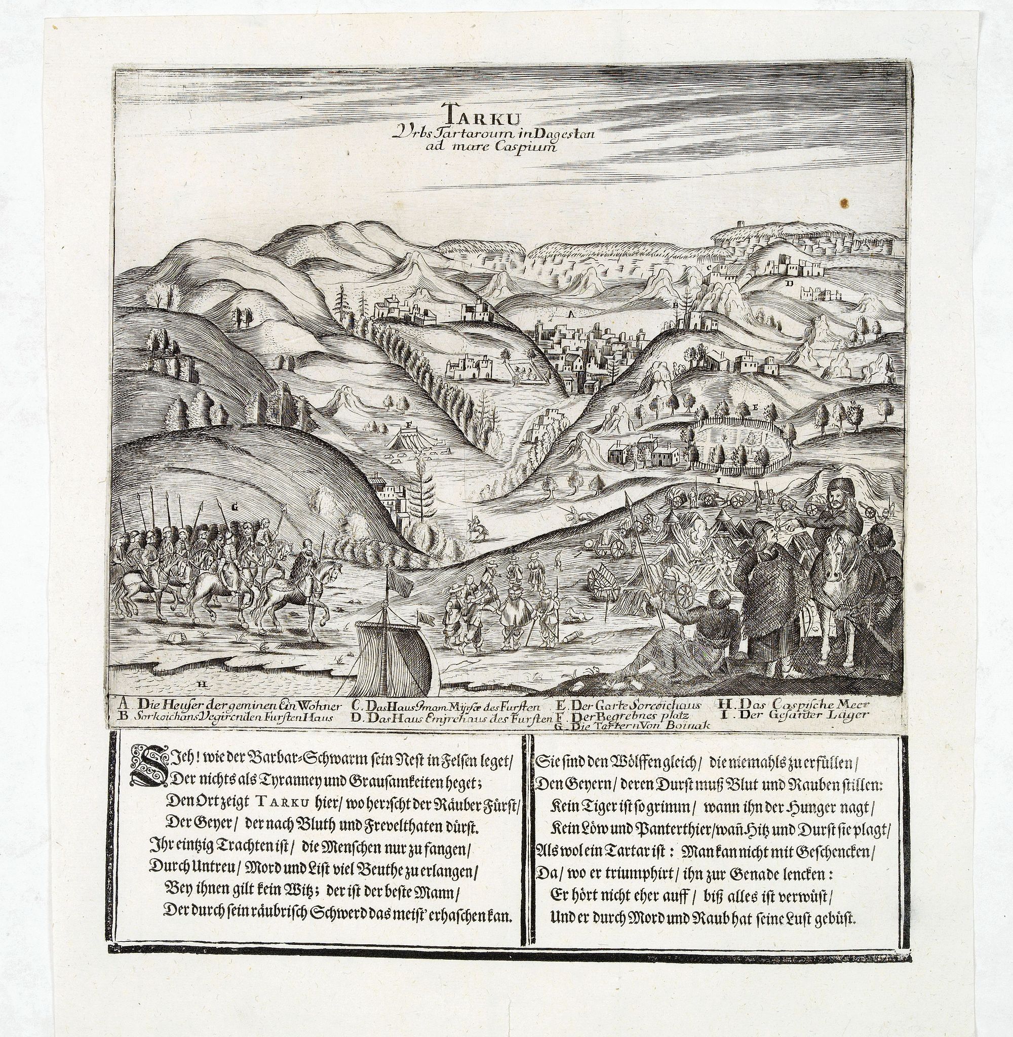 OLEARIUS, A., Tarku Urbs Tartaroum in Dagestan ad mare Caspium., antique map, old maps