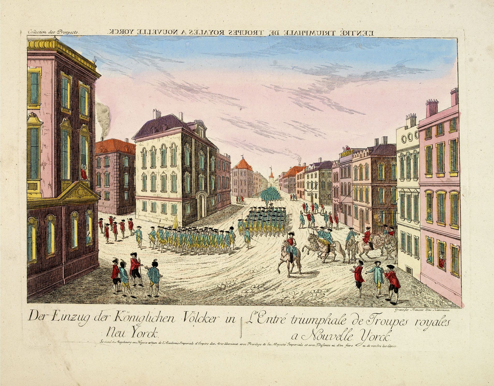 ACADEMIE IMPERIALE, Der Einzug der Königlichen Völcker in Neu York. - l'Entré triumphale de troupes Royales a Nouvelle York., antique map, old maps