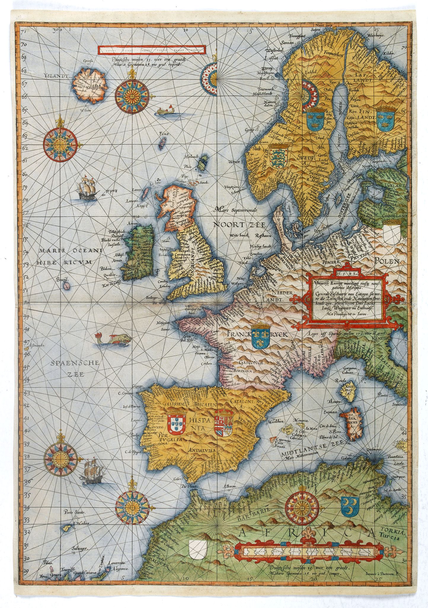 WAGHENAER, J.L., Universe Europe Maritime Eiusque Navigationis Descritio. Generale Pas chaerte van Europa. . . 1583., antique map, old maps