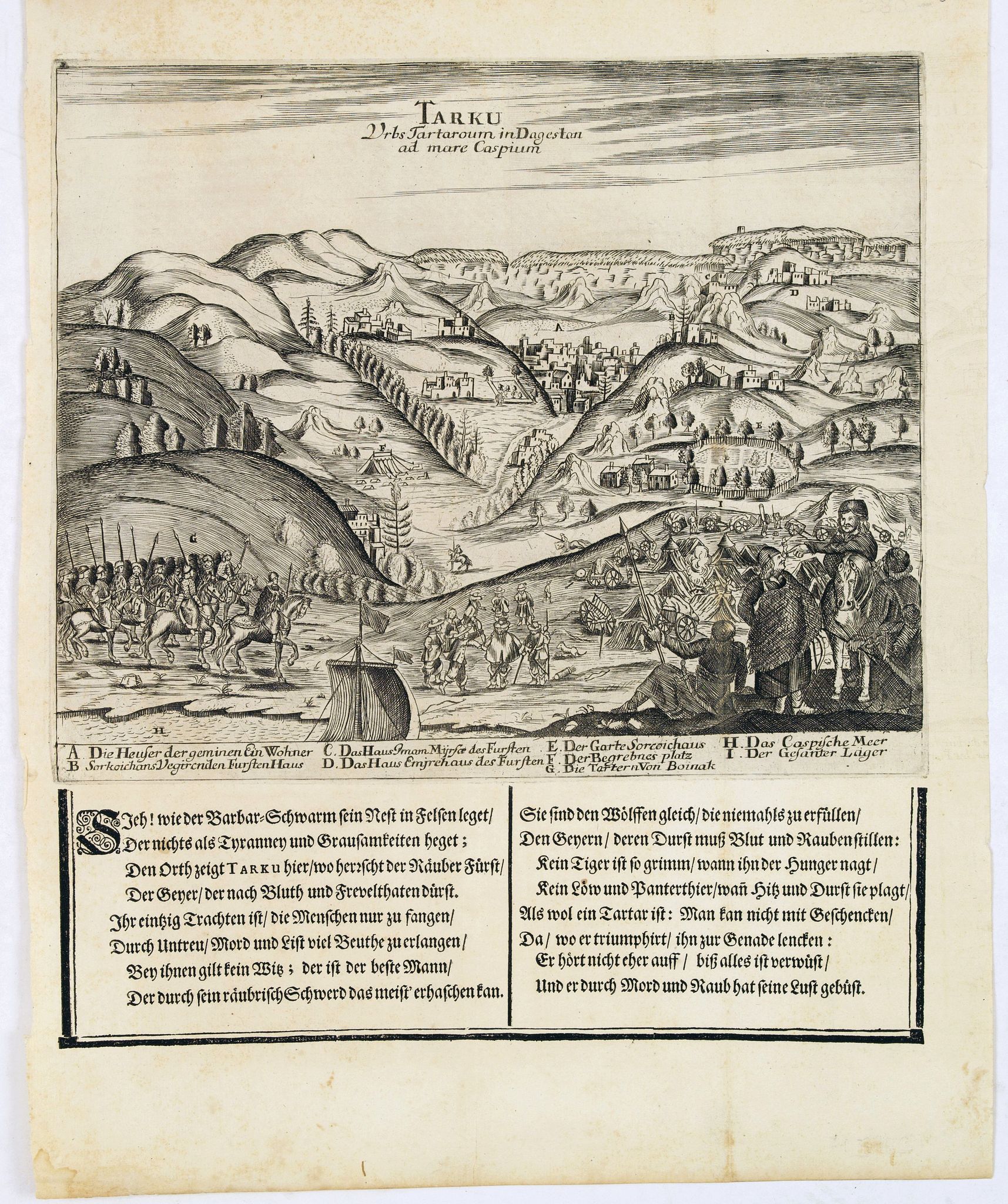 OLEARIUS, A. / KOCH, O., Tarku Urbs Tartaroum in Dagestan ad mare Caspium., antique map, old maps