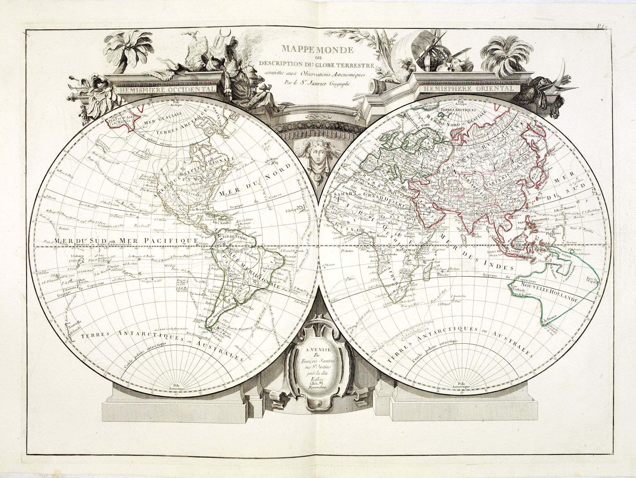 SANTINI, P. / REMONDINI, M., Mappemonde ou Description du Globe. . ., antique map, old maps