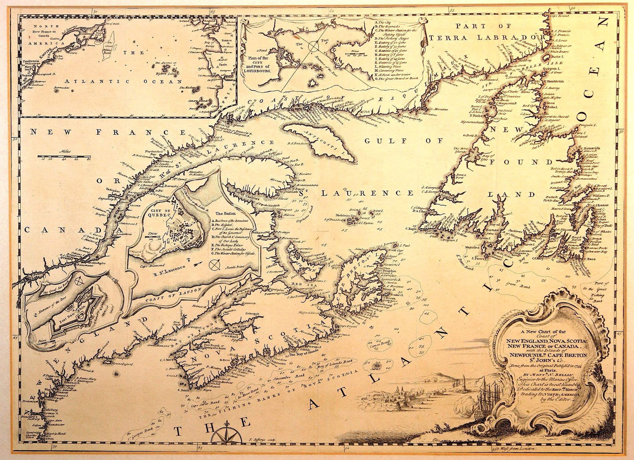 KITCHIN, Th., A new chart of the coast of New England, Nova Scotia, New France or Canada, with the islands of Newfoundld., Cape Breton, St. John's &c., antique map, old maps