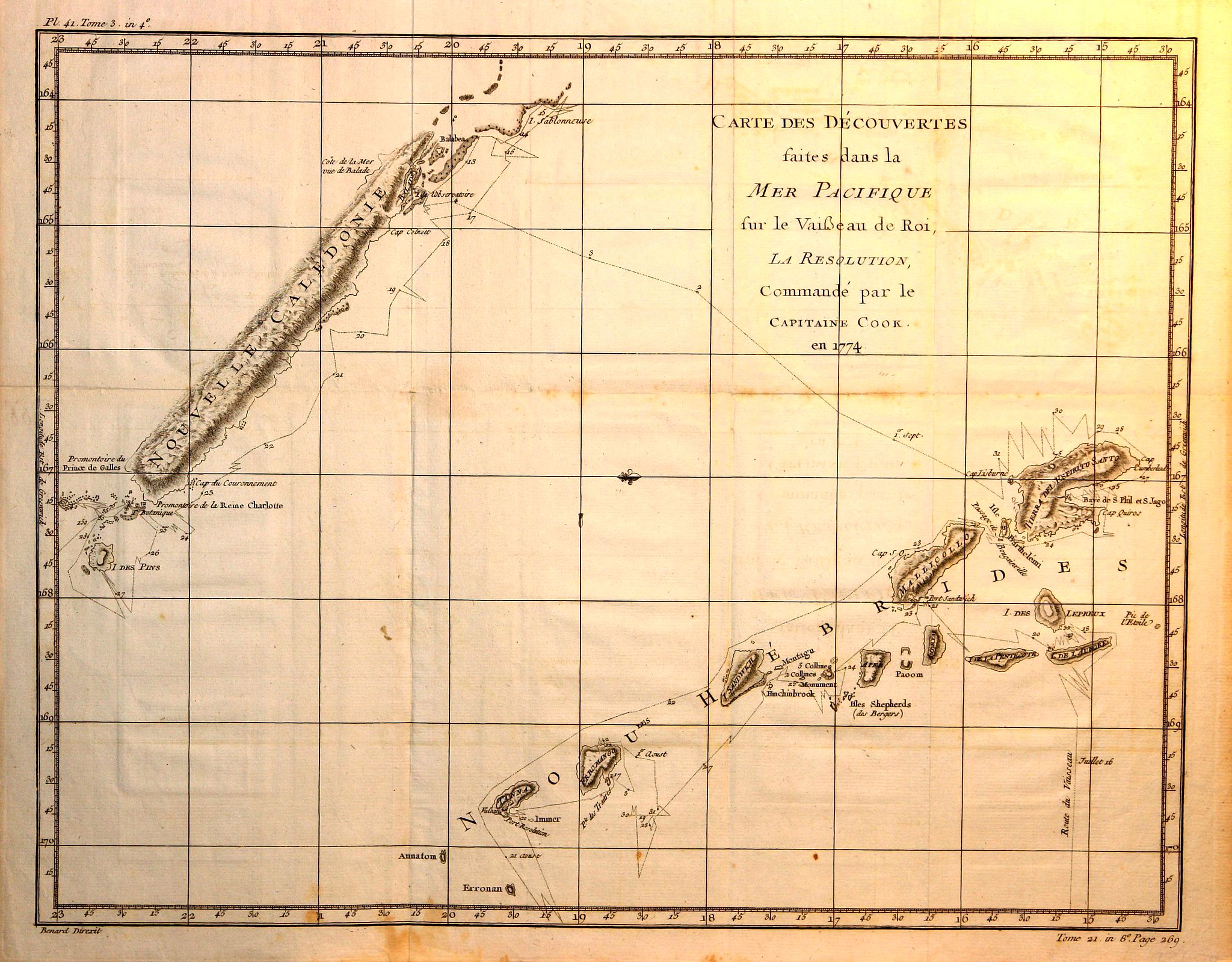 COOK, J. / LA HARPE, Carte Des Decouvertes faits dans la Mer Pacifique sur les Vaisseu du Roi, La Resolution, Commande par le Capitaine Cook. en 1774, antique map, old maps