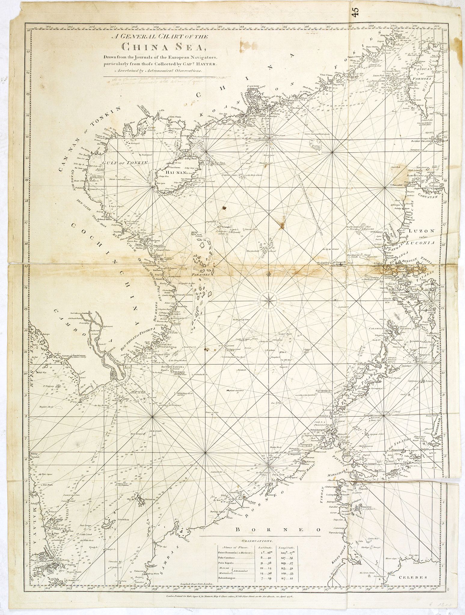 SAYER, R. / BENNETT, J., A general chart of the China Sea : drawn from the journals of the European navigators, particularly from those collected by Capt. Hayter., antique map, old maps