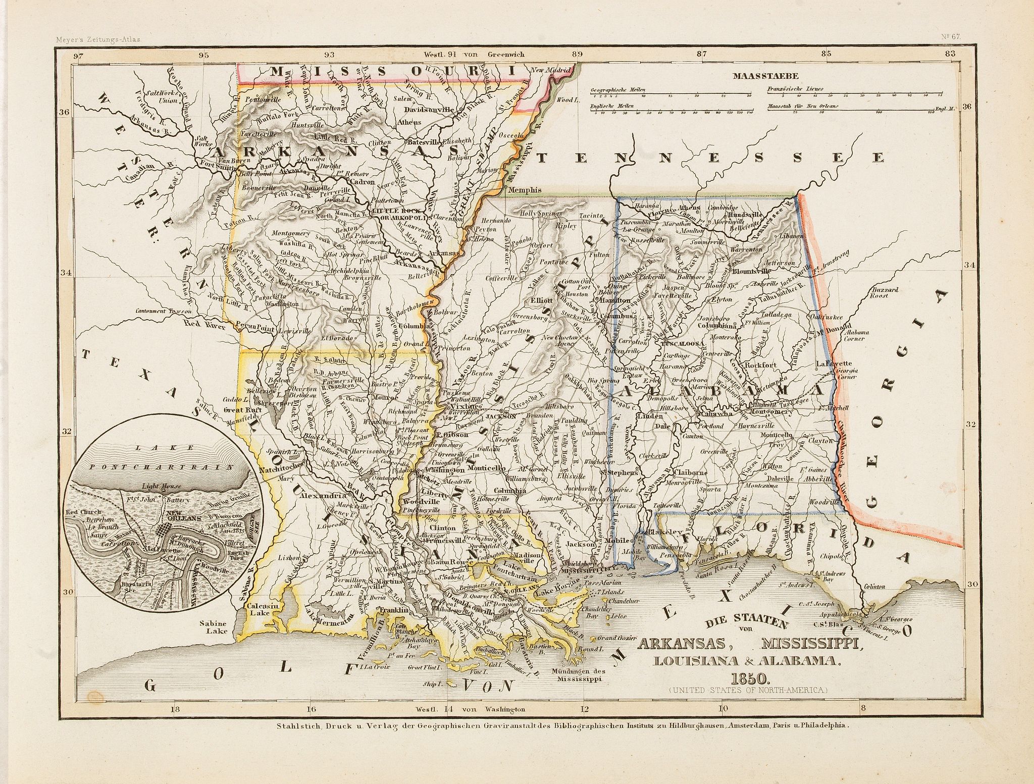 MEYER, Die staaten von Arkansas, Mississippi, Louisiana & Alabama 1850, antique map, old maps