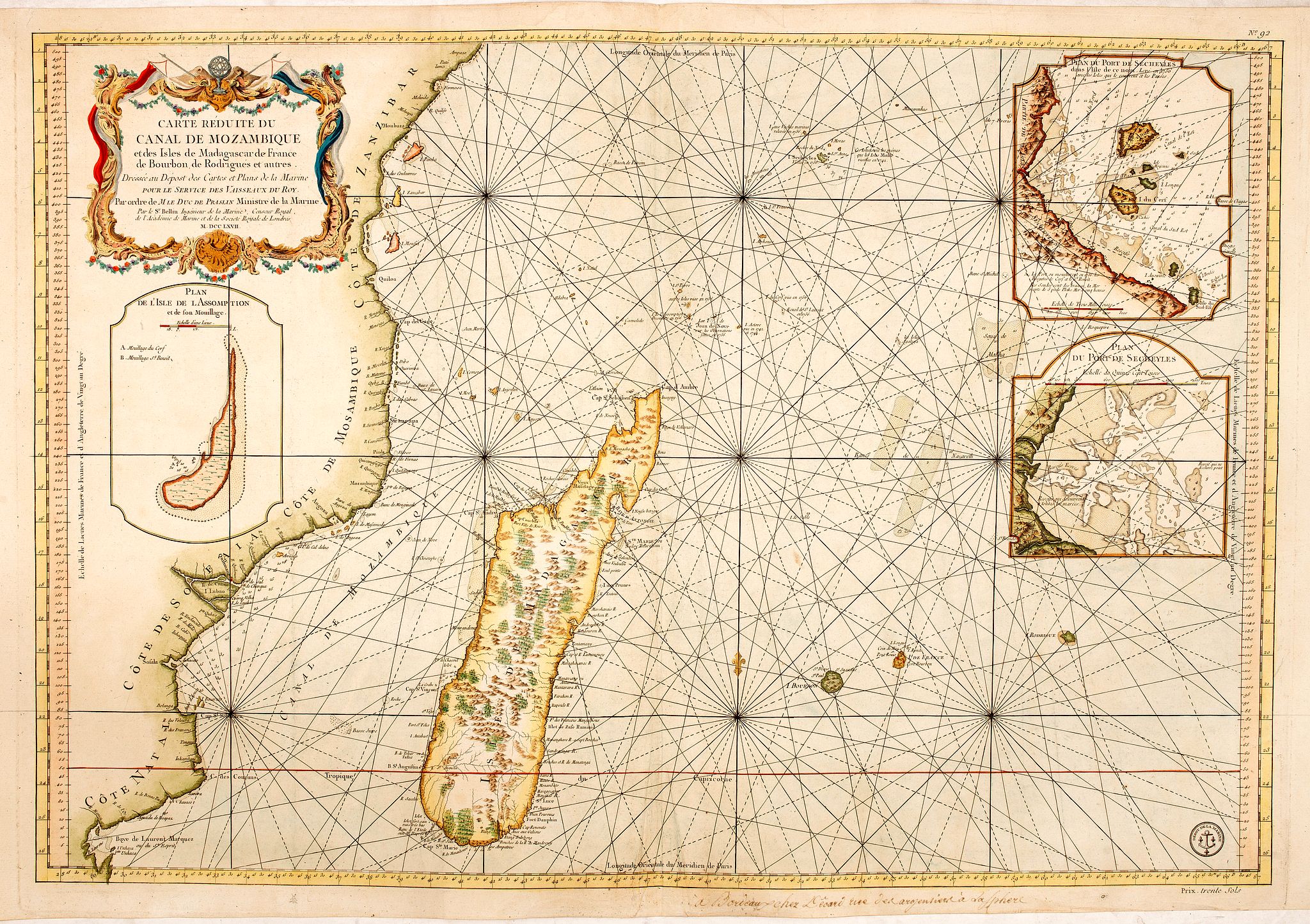 DÉPÔT GÉNÉRAL DE LA MARINE., Carte réduite du canal de Mozambique et des isles de Madagascar de France de Bourbon, de Rodrigues et autres. . ., antique map, old maps
