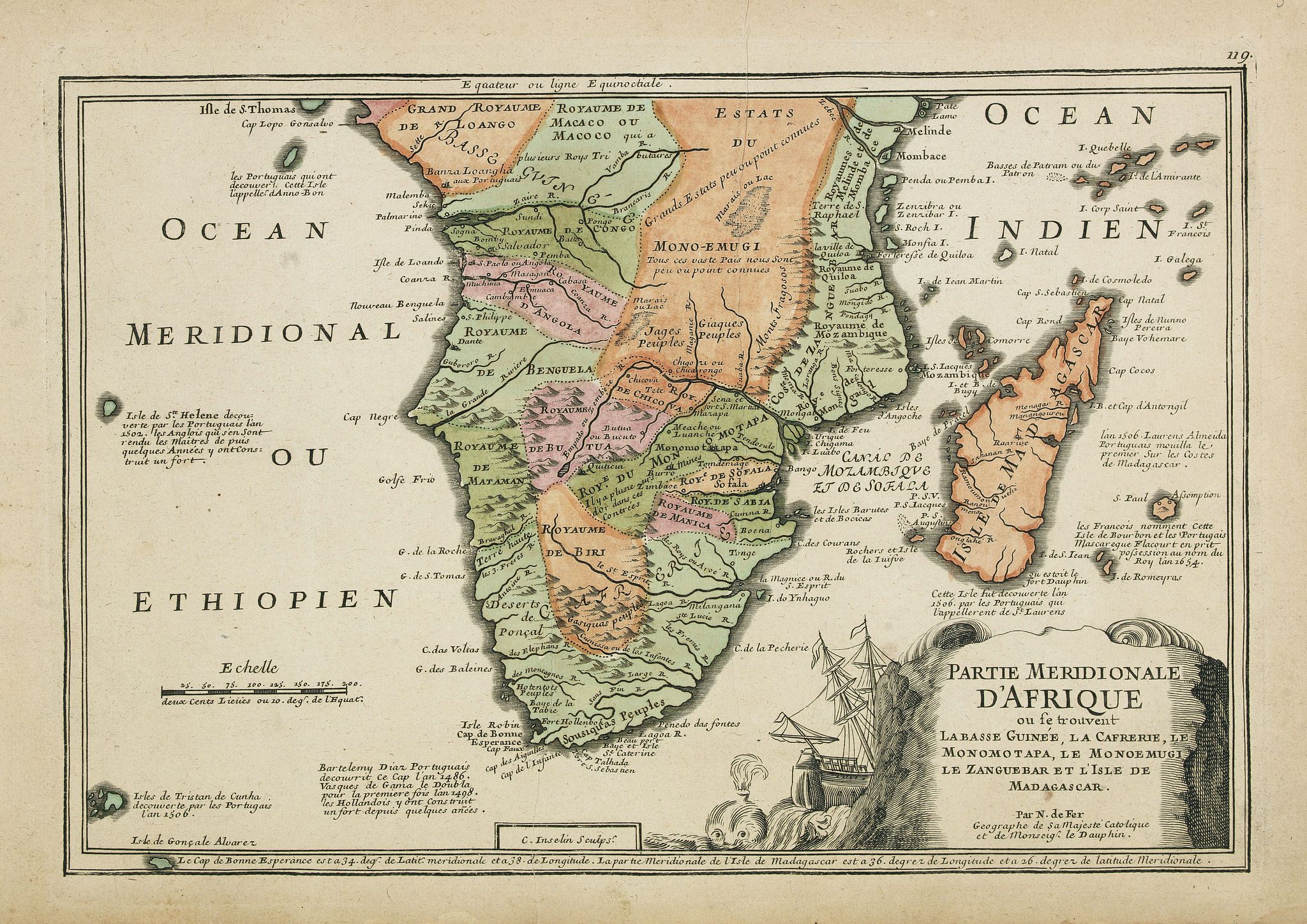 DE FER, N., Partie méridionale d'Afrique où se trouvent la Basse Guinée, la Cafrerie, le Monomotapa, le Monoemugi, le Zanguebar et l'isle de Madagascar, antique map, old maps