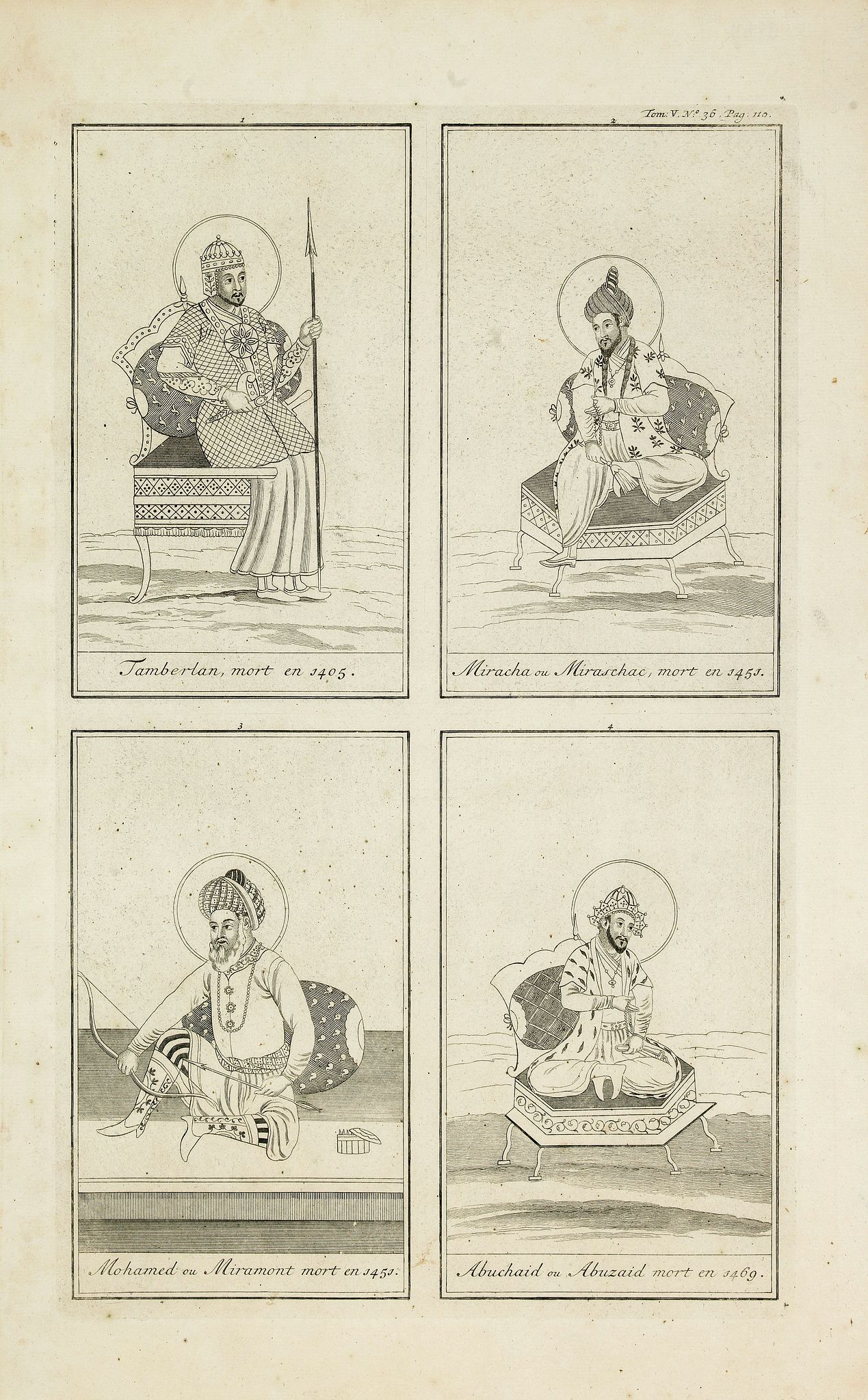 CHATELAIN, H., Tamberlan, mort en 1405. - Miracha ou Miraschae, mort en 1451. - Mohamed ou Miramont mort en 1451. - Abuchaid ou Abuzaid mort en 1469., antique map, old maps