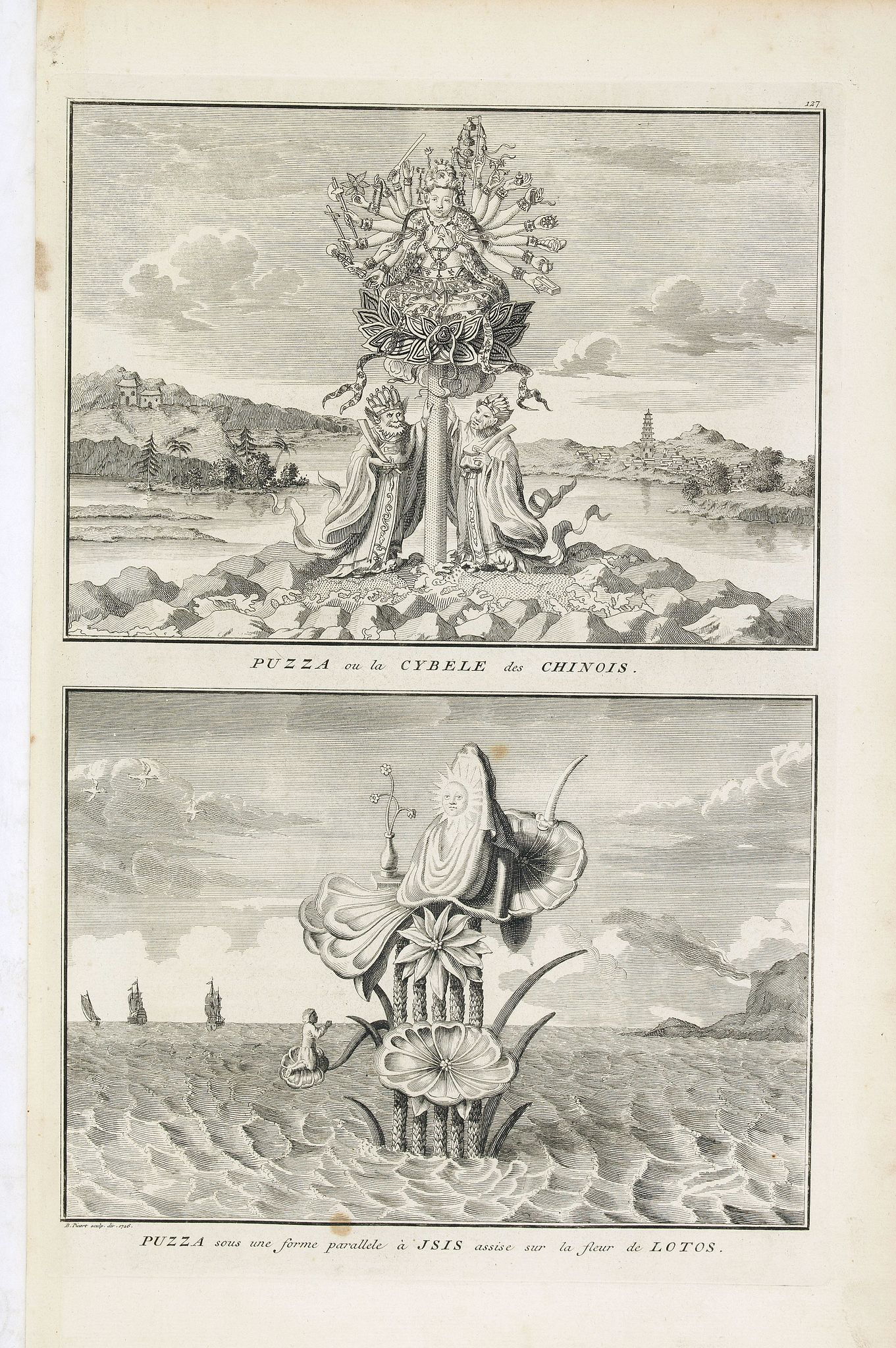 PICART, B., Puzza ou la Cybele des Chinois - Puzza sous une forme parallèle à Isis assise sur la fleur de lotus, du livre illustré Cérémonies et coutumes religieuses, antique map, old maps