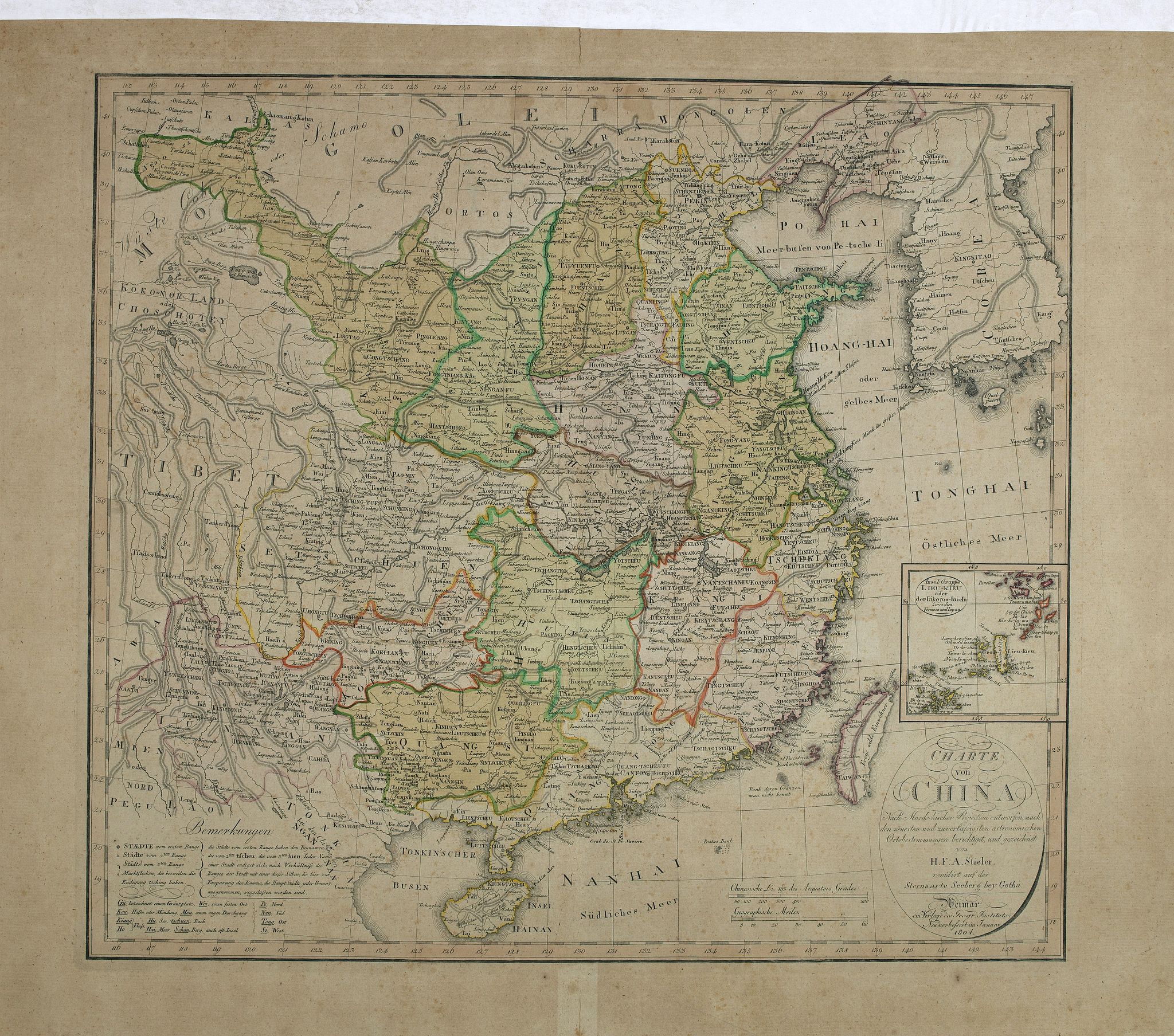 GEOGRAPH. INSTITUTS, Charte von China nach Murdochischer Projection entworfen. ... Berichtiget, und gezeichnet von H.F.A. Stieler. . ., antique map, old maps