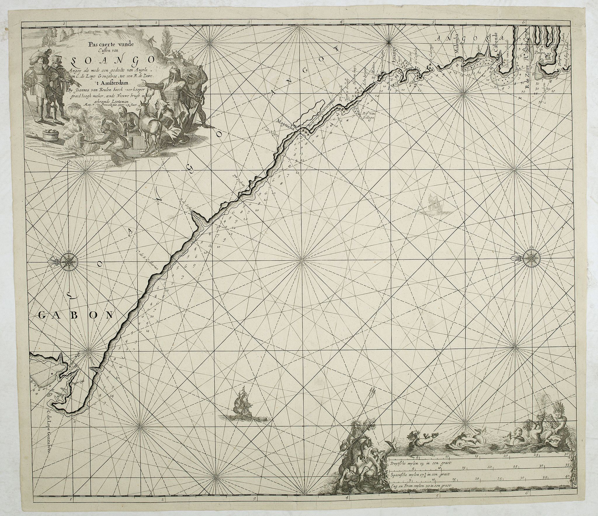 VAN KEULEN, J., Pas caerte vande Custen van Loango, Angoy als mede en gedeelte van Angola, van C. de Lopa Goncalves, tot aen R. de Zaire., antique map, old maps