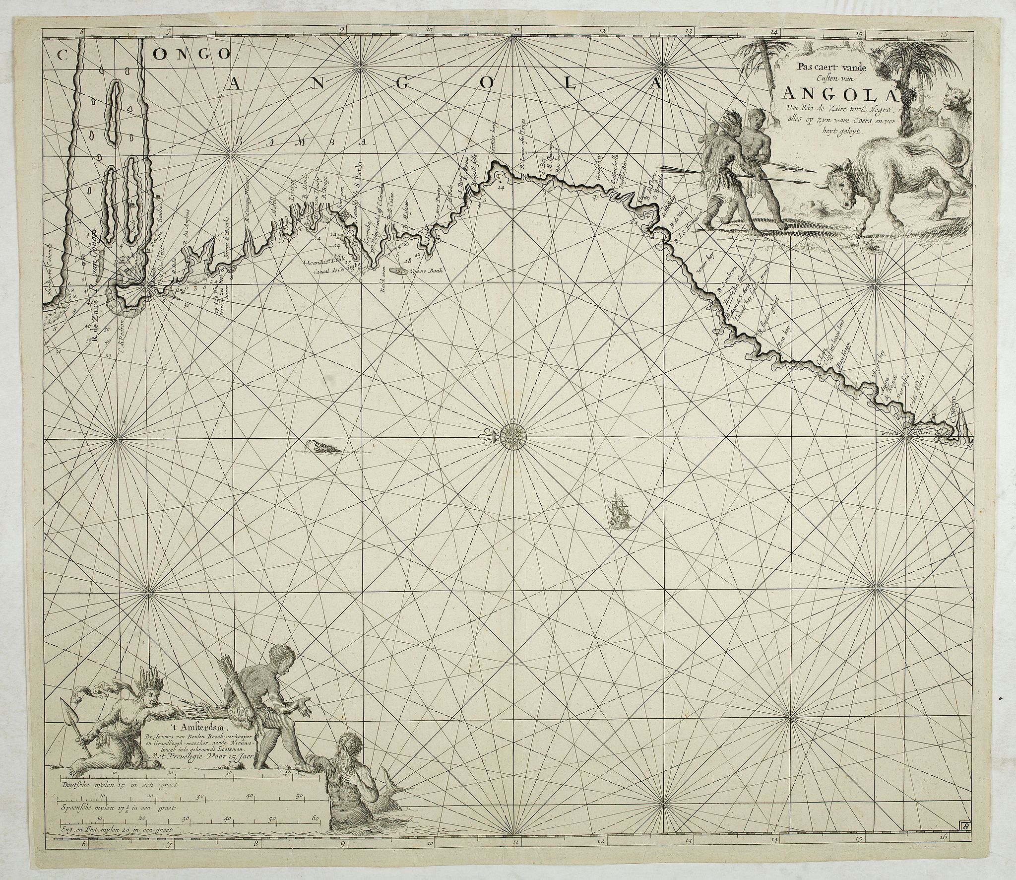 VAN KEULEN, J., Pas caert van de Custen van Angola Van Rio de Zaire tot C. Negro. alles op zyn ware coers verheyt geleyt., antique map, old maps