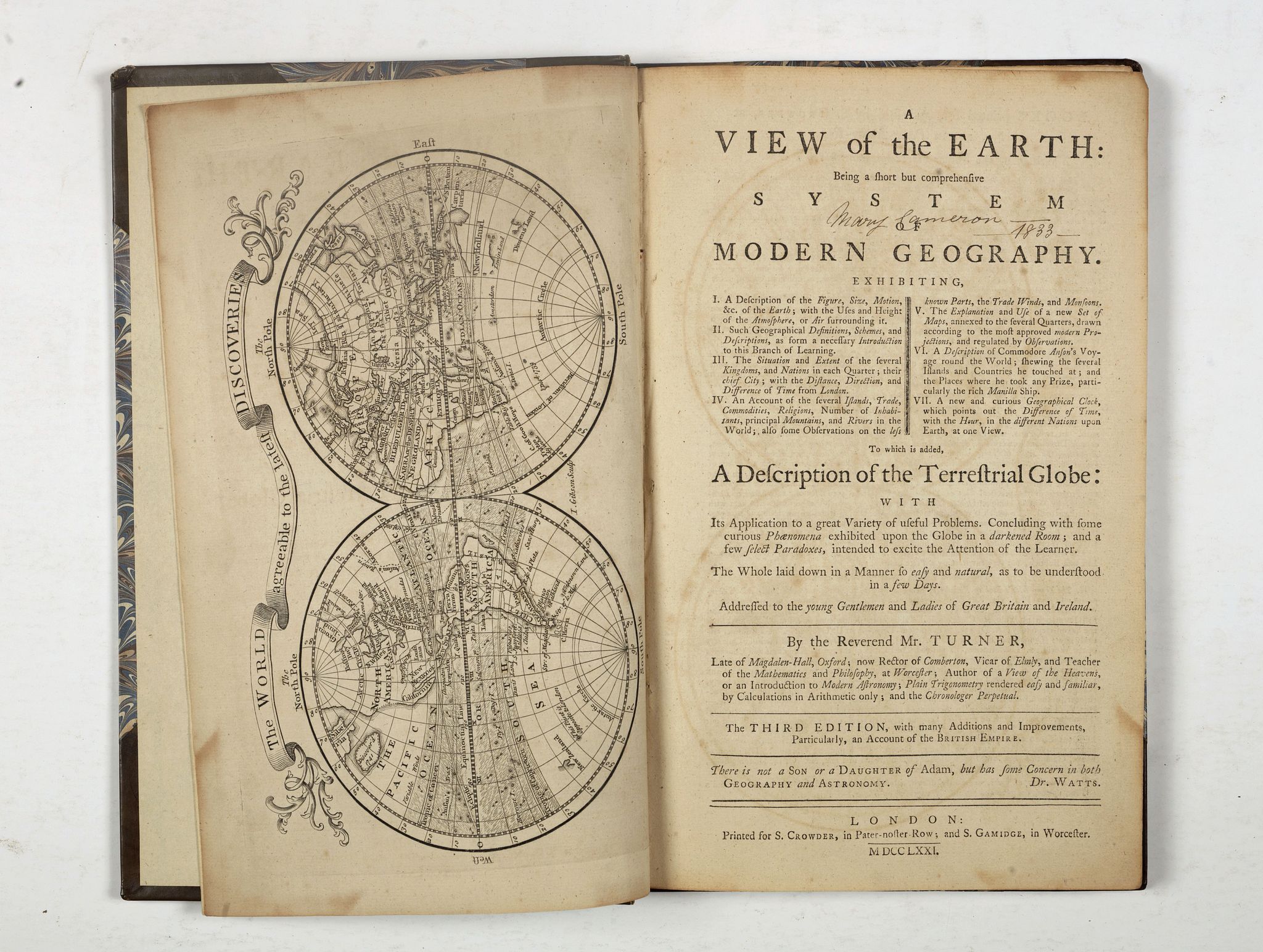 TURNER, R., A view of the earth : being a short but comprehensive system of modern geography graphy …, antique map, old maps