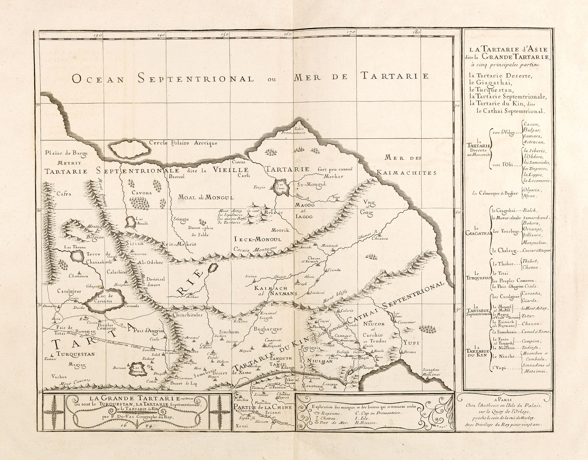 DU VAL, P., Grande Tartarie vers l'orient où sont le Turquestan, la Tartarie septentrionale, et la Tartarie du Kin. . ., antique map, old maps