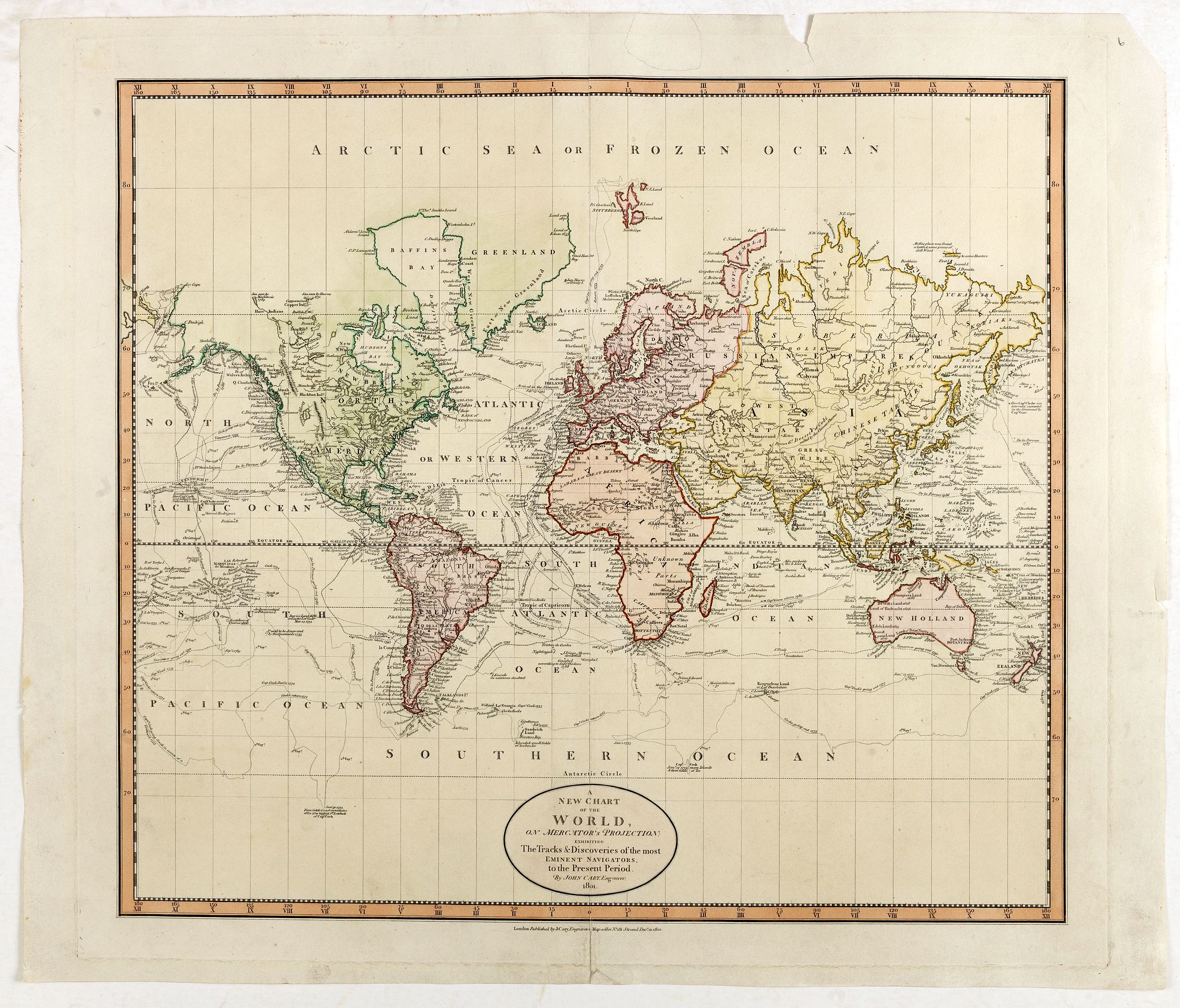 CARY, J., A New Chart of the World On Mercator's Projection: Exhibiting The Tracks & Discoveries of the most Eminent Navigators To The Present Period. . . 1801, antique map, old maps