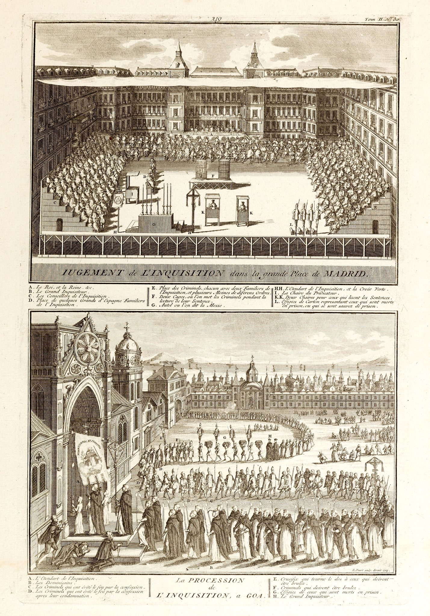 PICART, B., Jugement de l'Inquisition dans la grande Place de Madrid. / Procession de L'Inquisition a GOA., antique map, old maps