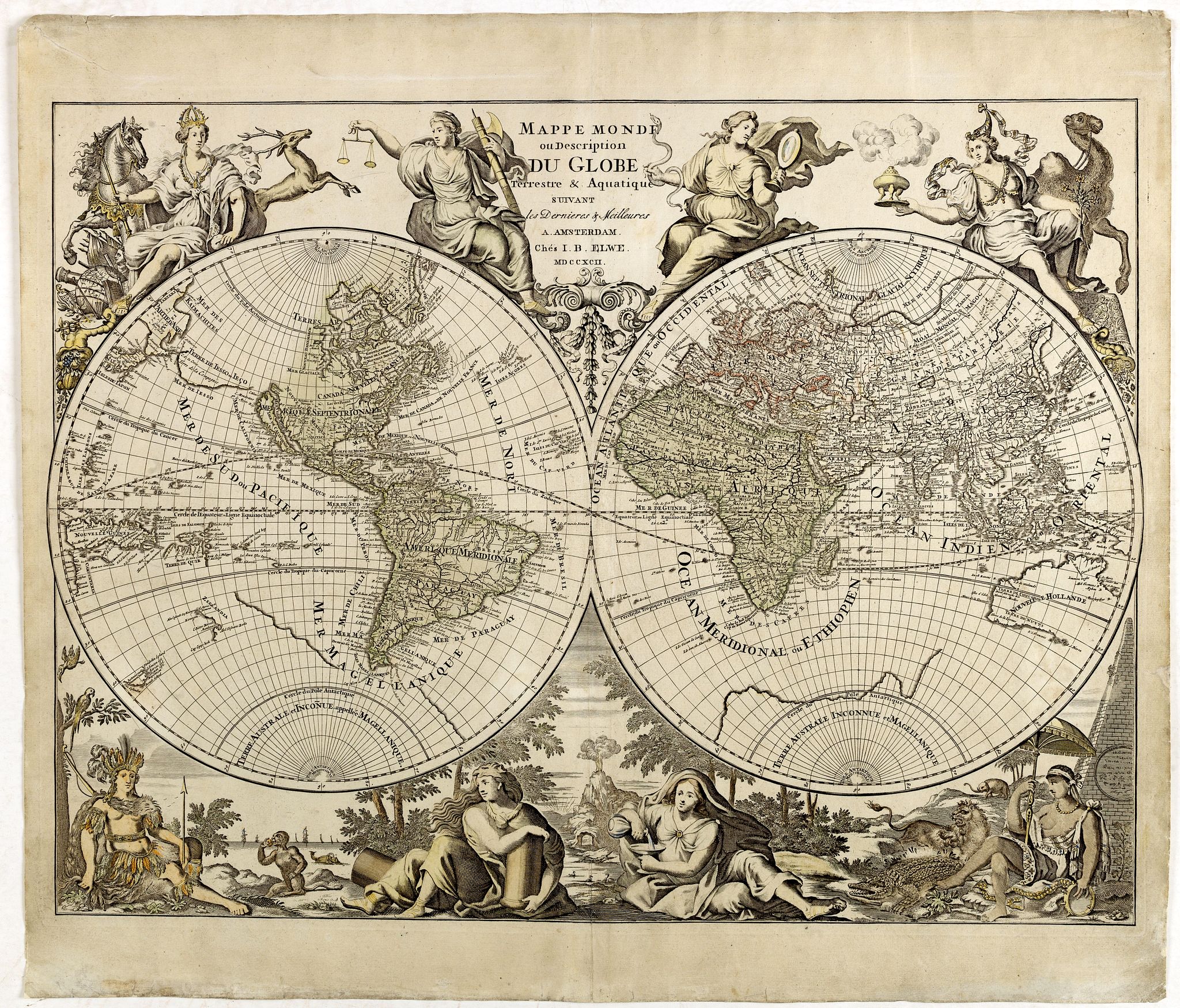 ELWE,J.B., Mappe Monde ou description du Globe terrestre & Aquatique.., antique map, old maps