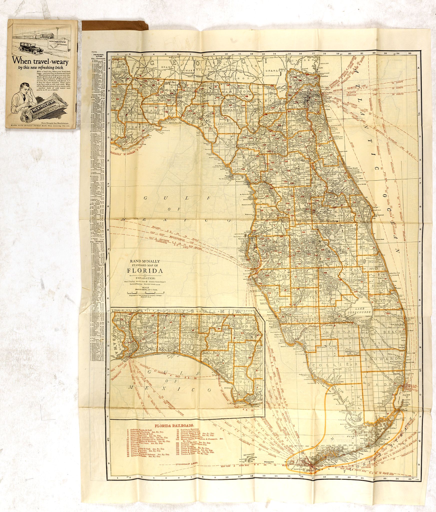 RAND MCNALLY & CO., Rand Mc.Nally indexed pocket map Tourits' and Shipper' Guide of Florida. . ., antique map, old maps