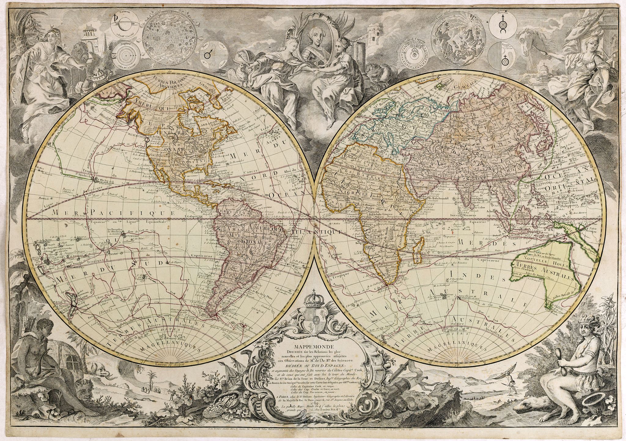 DESNOS, L.C., Mappemonde Dressée sur les Relations les Plus Nouvelles et les plus approuvées assujeties aux Obserations de Mrs. De L'Académie Royale des Sciences., antique map, old maps