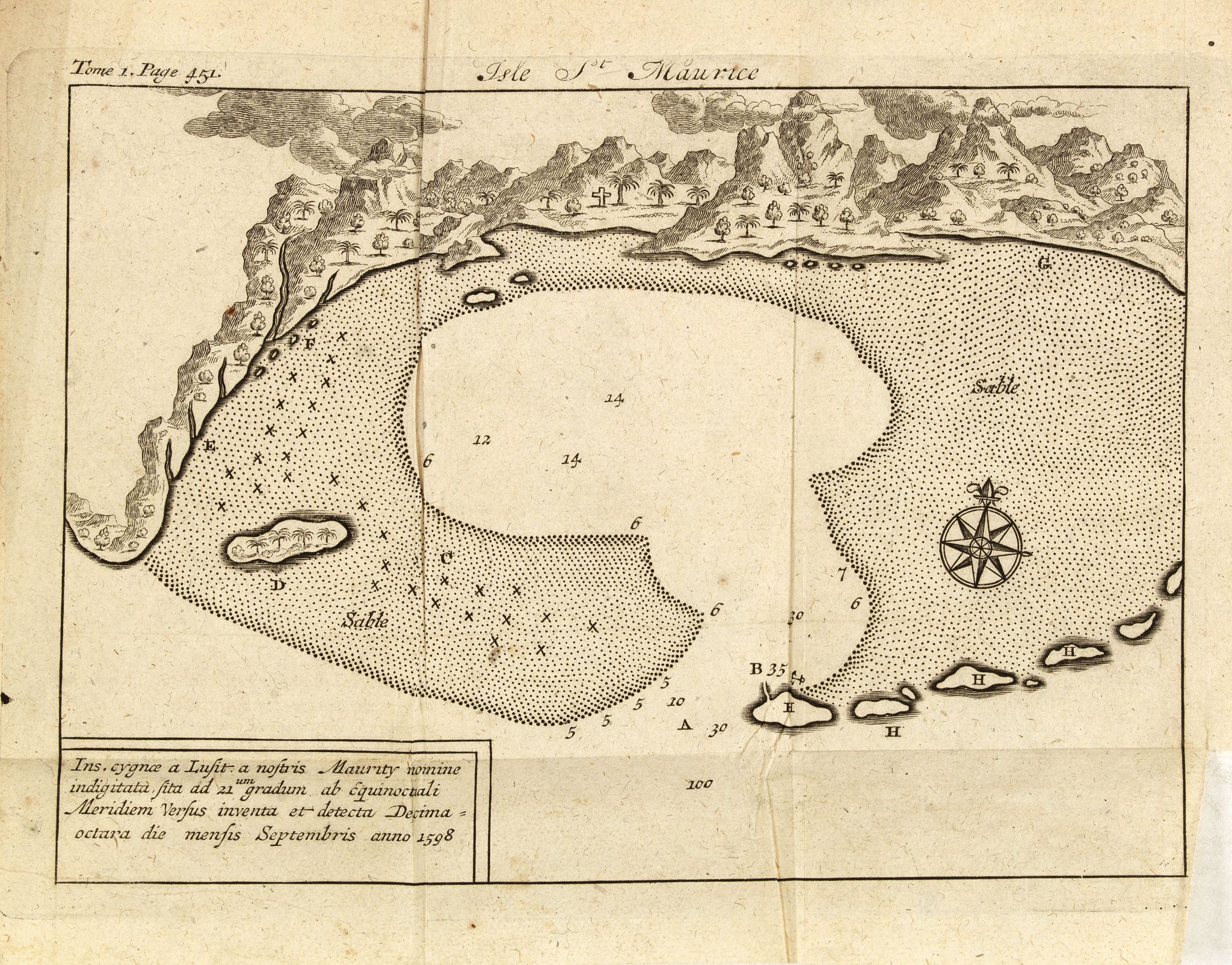 DE RENNEVILLE, R.A.C., Isle St. Maurice. Ins. cygnae a Lusit, a nostris Maurity nomine indigitata, sita ad 21um gradum ab Equinoctiali Meridiem versus inventa et detecta Decima-jctava die mensis septembris anno 1598., antique map, old maps