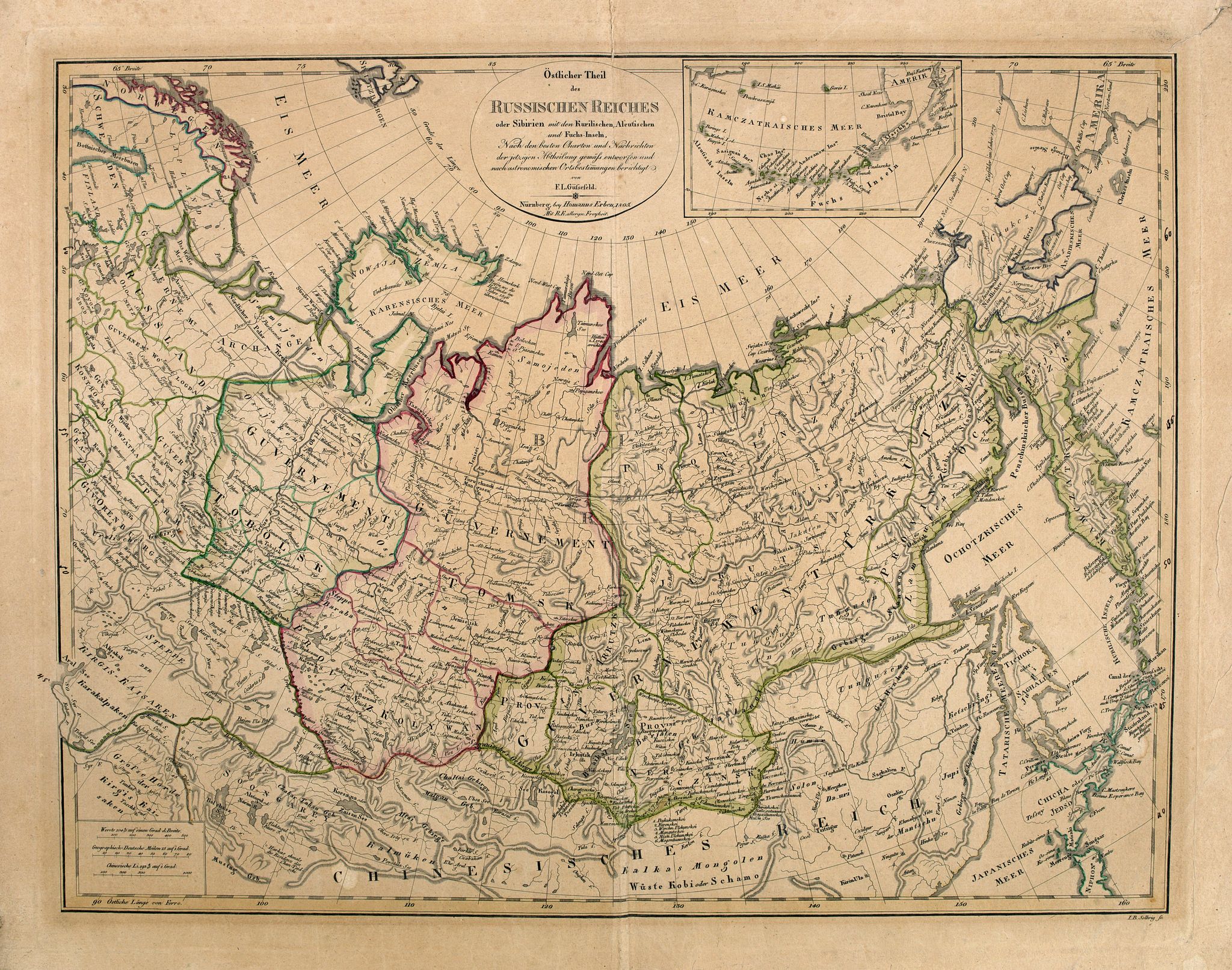 GÜSSEFELD, F.L. / HOMANN HEIRS, Östlicher Theil des Russischen Reiches oder Sibirien mit den Kurilischen, Aleutischen und Fuchs-Inseln. . ., antique map, old maps