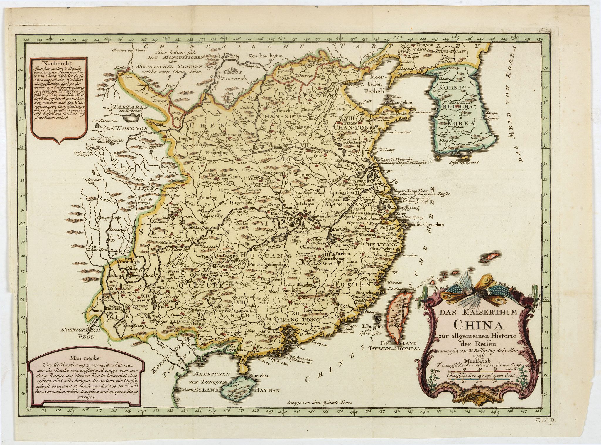 BELLIN, J.N., Das Kaiserthum China zur allgemeinen Historie der Reisen - entworfen von N. Bellin Ing. De la Mar. 1748., antique map, old maps