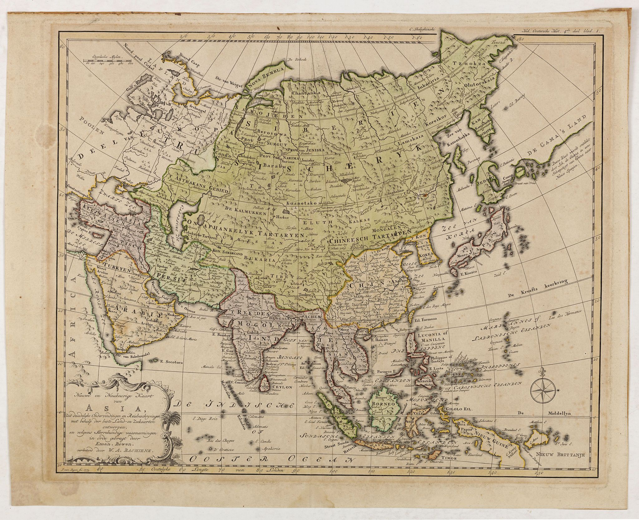 BACHIENE, W.A., Nieuwe en Naukeurige Kaart van Asia : mit daadelyke ondervindingen en Riesbeschryvingen. . ., antique map, old maps
