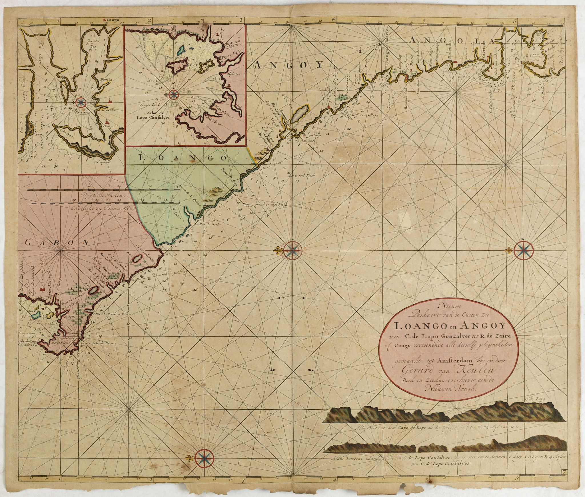 VAN KEULEN, G., Nieuwe Paskaert van de Custen Zee Loango en Angoy van C. de Lopo Gonzalves tot R. de Zaire os Congo vertoonende alle desselfs gelegenteden., antique map, old maps