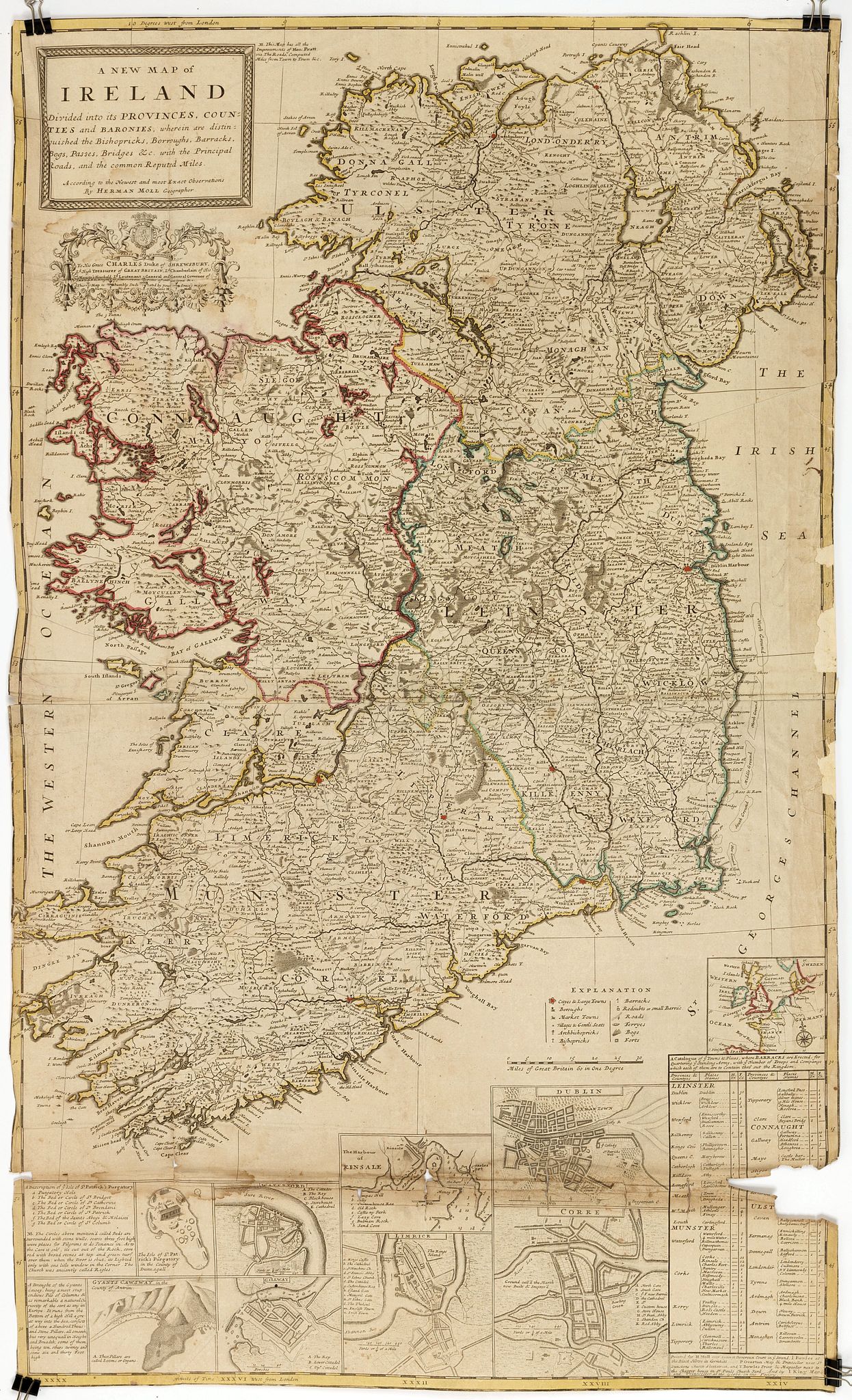 MOLL, H., A new map of Ireland divided into its provinces, counties and baronies, wherein are distinguished the bishopricks, borroughs, barracks, bogs, passes, bridges &c. with the principal roads, and the common reputed miles, antique map, old maps
