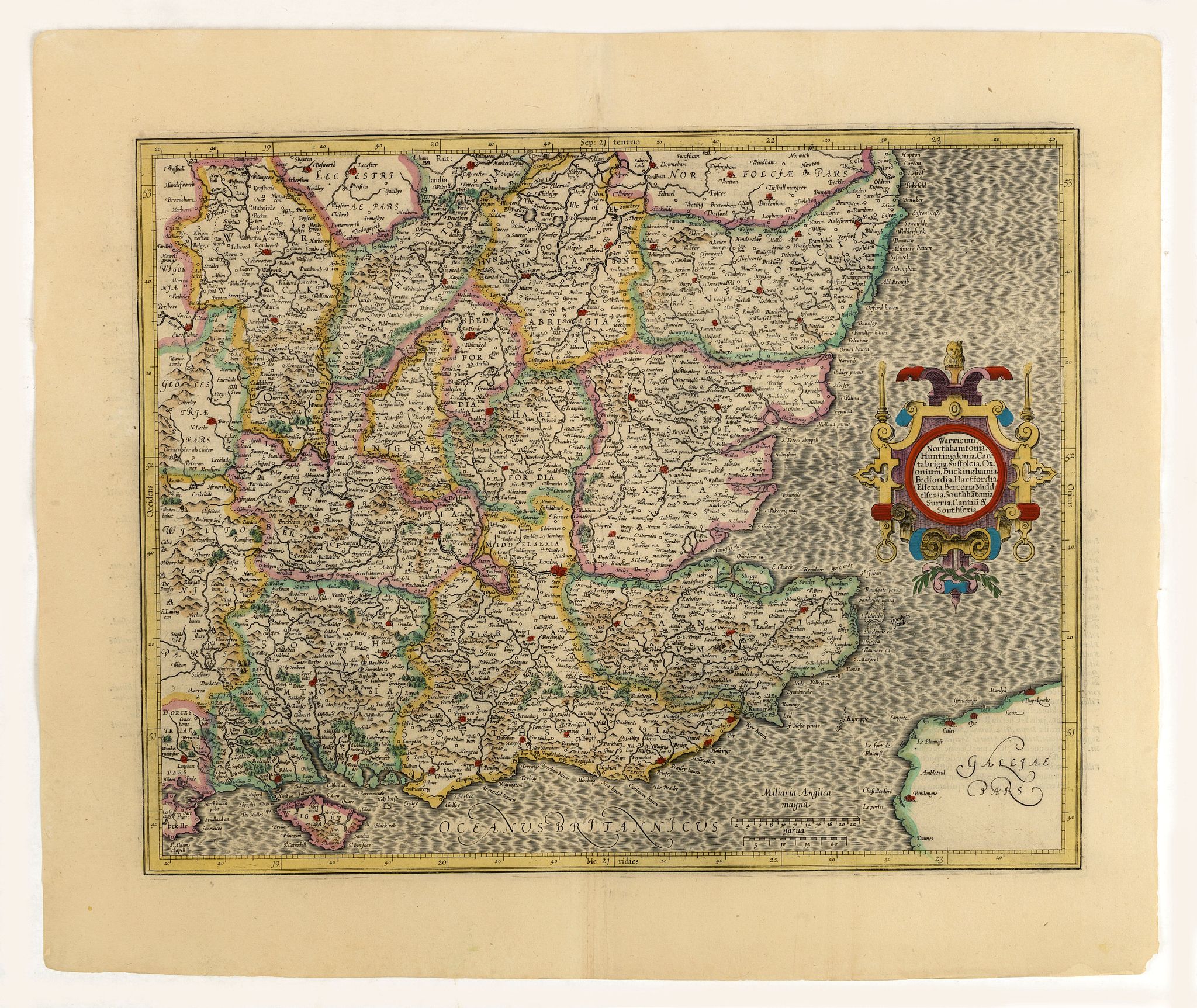 MERCATOR,G./ HONDIUS,J., Warwicum Northamtonia Huntingdonia Cantabrigia.., antique map, old maps