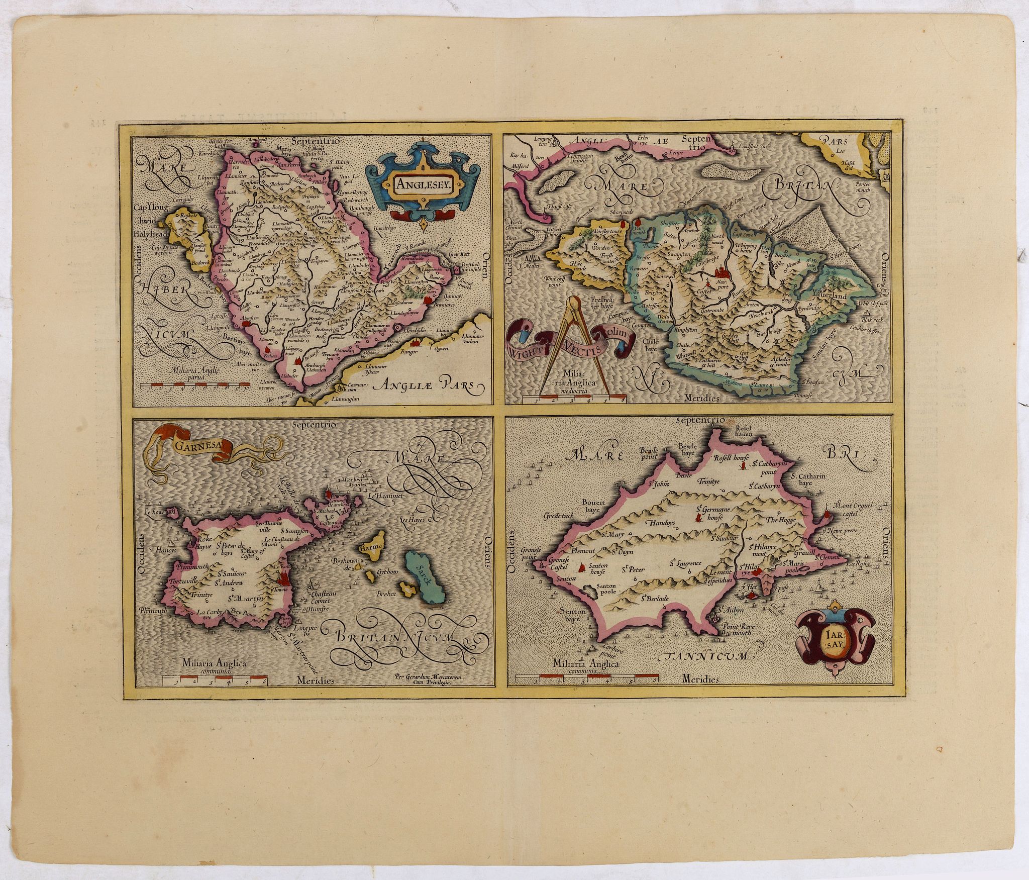 MERCATOR, G. / HONDIUS, J., Anglesey Ins. / Wight.. / Ins. Garnesey. / Ins. Iarsey., antique map, old maps