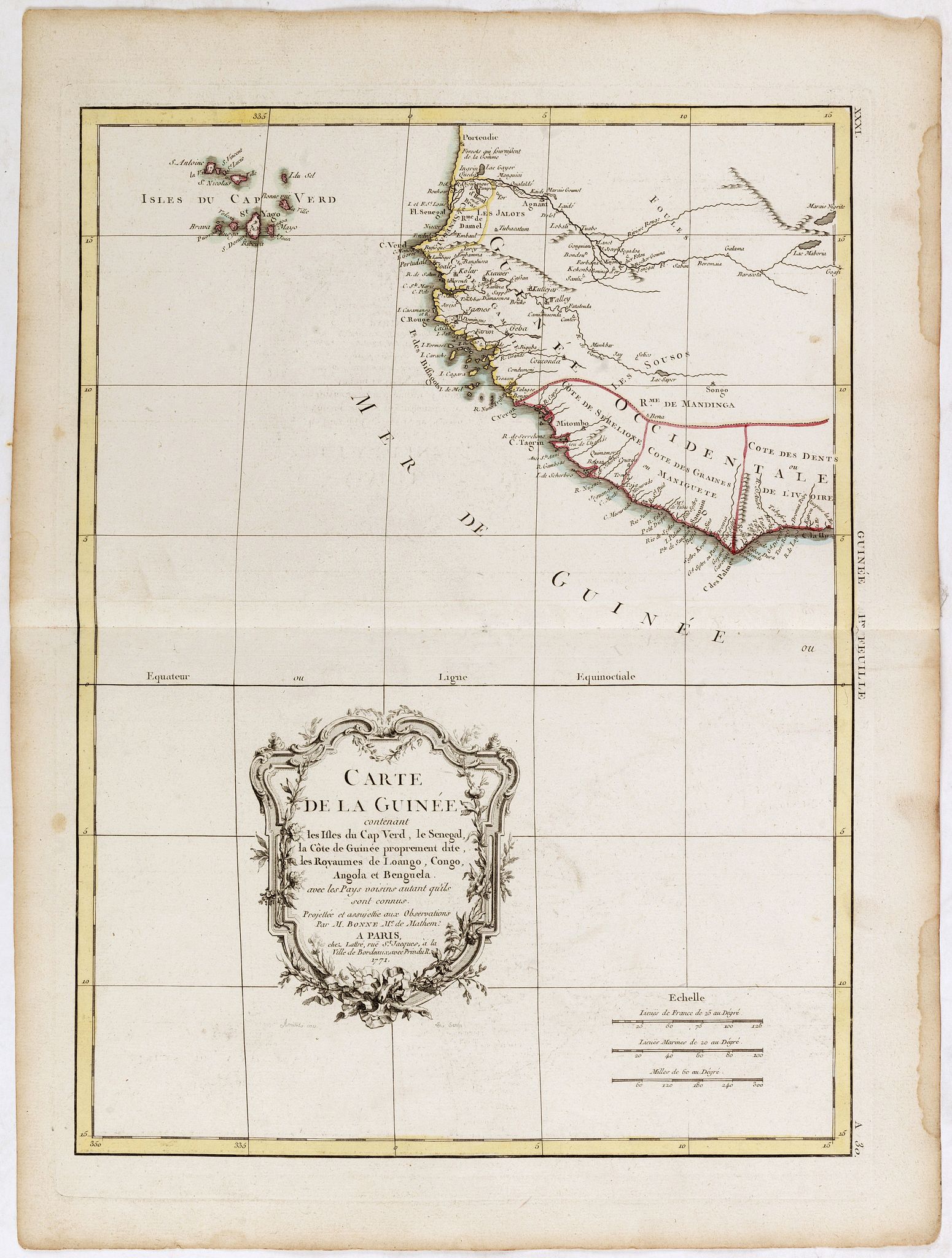 LATTRE, J. / BONNE, R., Carte de la Guinee, contenant les Isles du Cap Verd, le Senegal, la Cote de Guinee proprement dite, les Royaumes de Loango, Congo, Angola et Benguela…., antique map, old maps