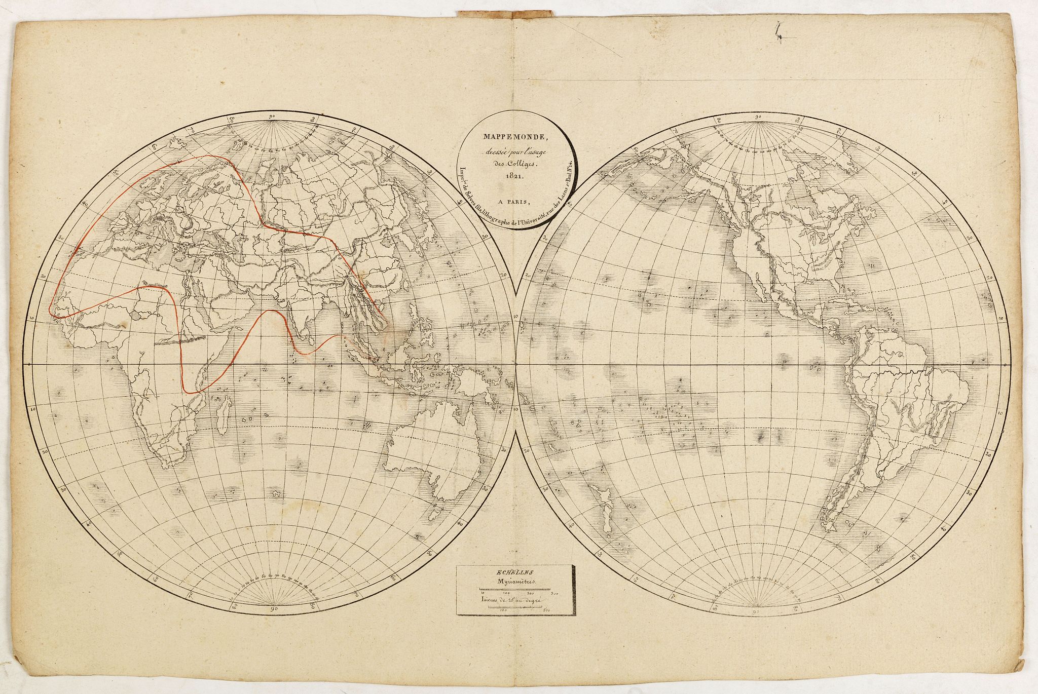 SELVES,H., Mappe-Monde, dressée pour l'usage des Colléges 1821 à Paris. . ., antique map, old maps