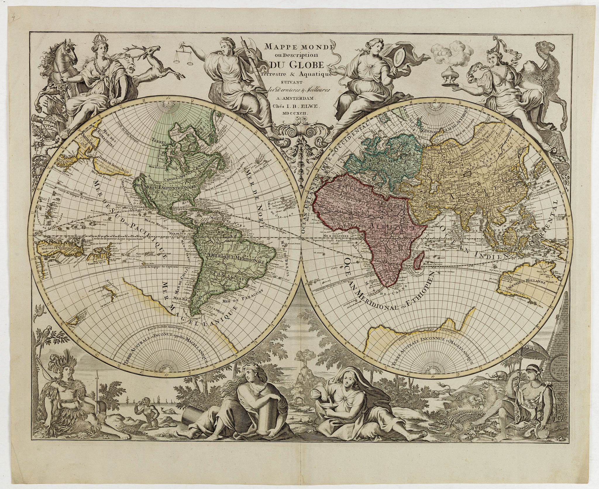 ELWE,J.B., Mappe Monde ou description du Globe terrestre & Aquatique. . ., antique map, old maps