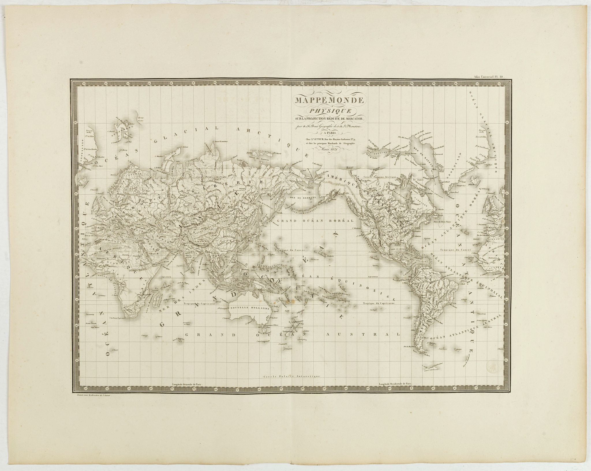 BRUE, H., Mappemonde physique sur la projection réduite de Mercator. . ., antique map, old maps
