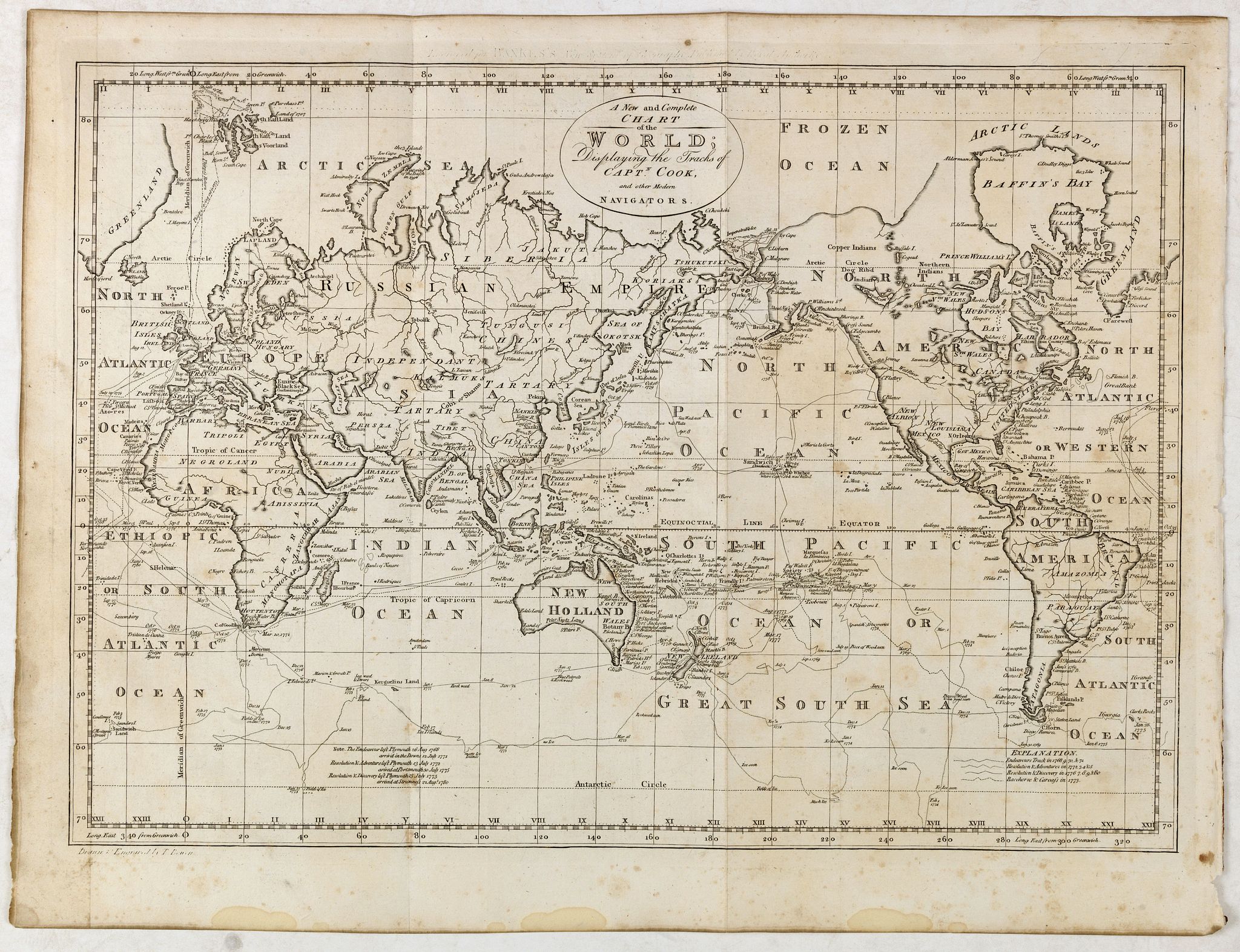 BOWEN, T., New and Complete Chart of the World Displaying the Tracks of Captn. Cook, and other Modern Navigators., antique map, old maps